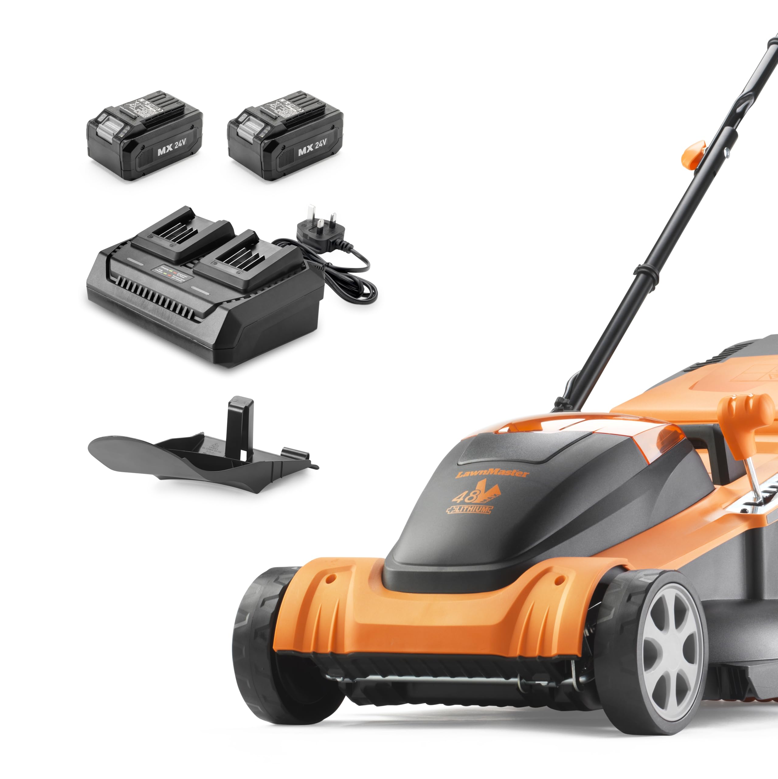 LawnMaster Cortacésped inalámbrico de 48 V y 41 cm con un Juego de Dos baterías de Iones de Litio MX 24 V 4,0 Ah, 2 Cargadores rápidos, Peine de Borde, Rodillo Trasero y función de mantillo.