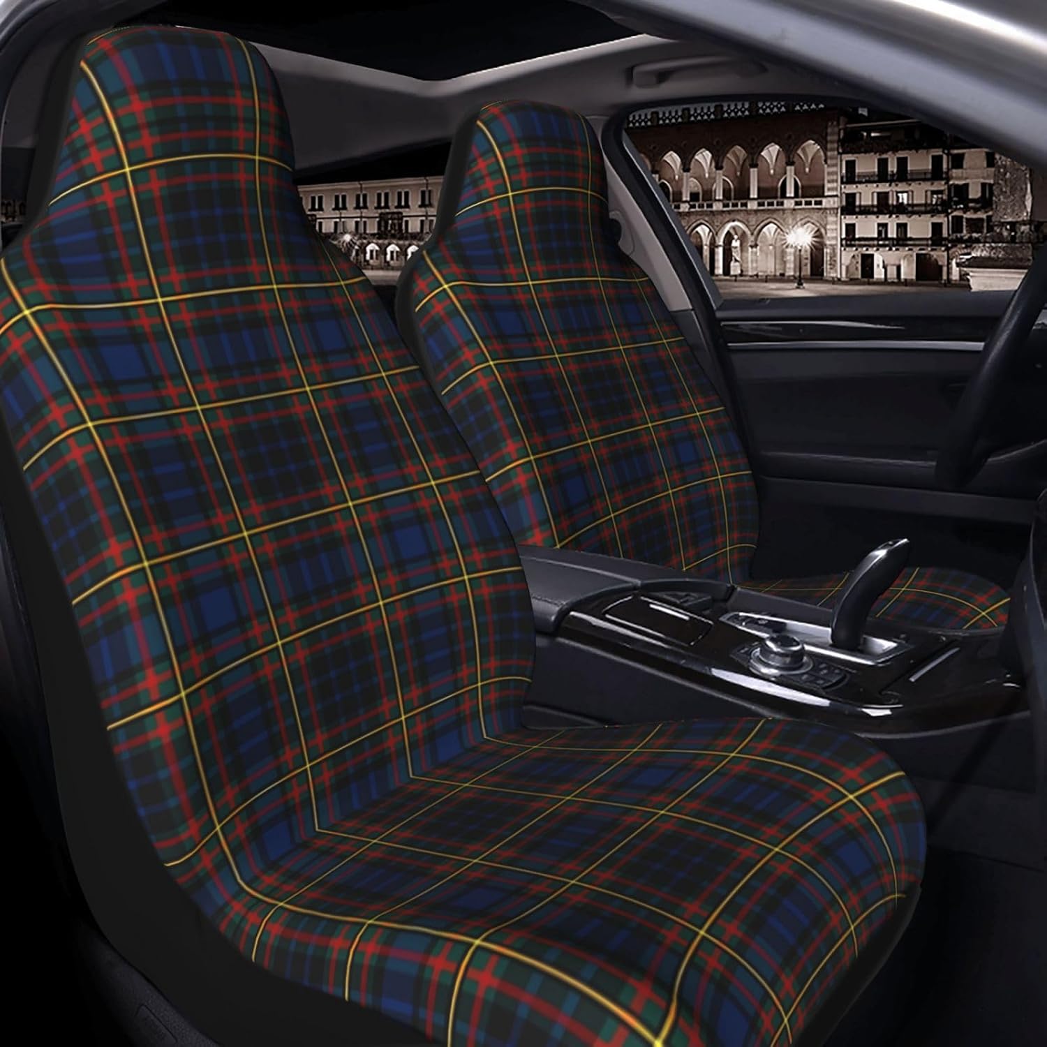 Brown Blue Red Tartan Car Seat Cover Front Seat Protector Covers with Rear Storage Pockets Automobile Interior Decor Accessories Fit for Most Vehicle Car Sedan SUVs Truck - 1 Pack