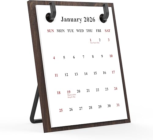 Calendario de escritorio retro 2025-2026 de madera de nogal con soportes de hierro, adecuado para oficina, negocios y hogar (nogal negro)