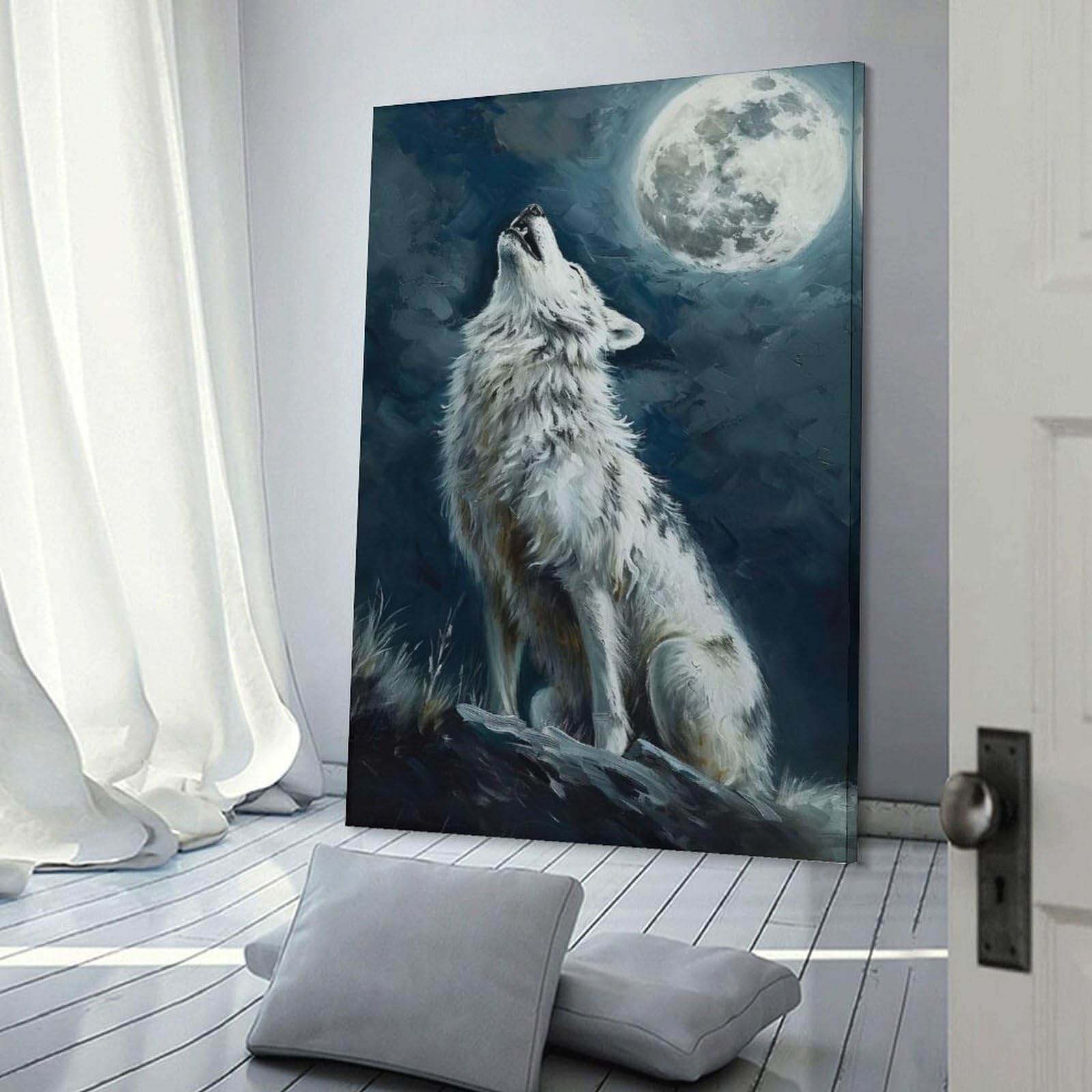 Junmoney Wolf Howling Moon Night Canvas Wall Picture, 20x30inch(50x75cm), for Wall Displays, Bedrooms Or Room Updates, Wall Decor Suited to Curated Displays