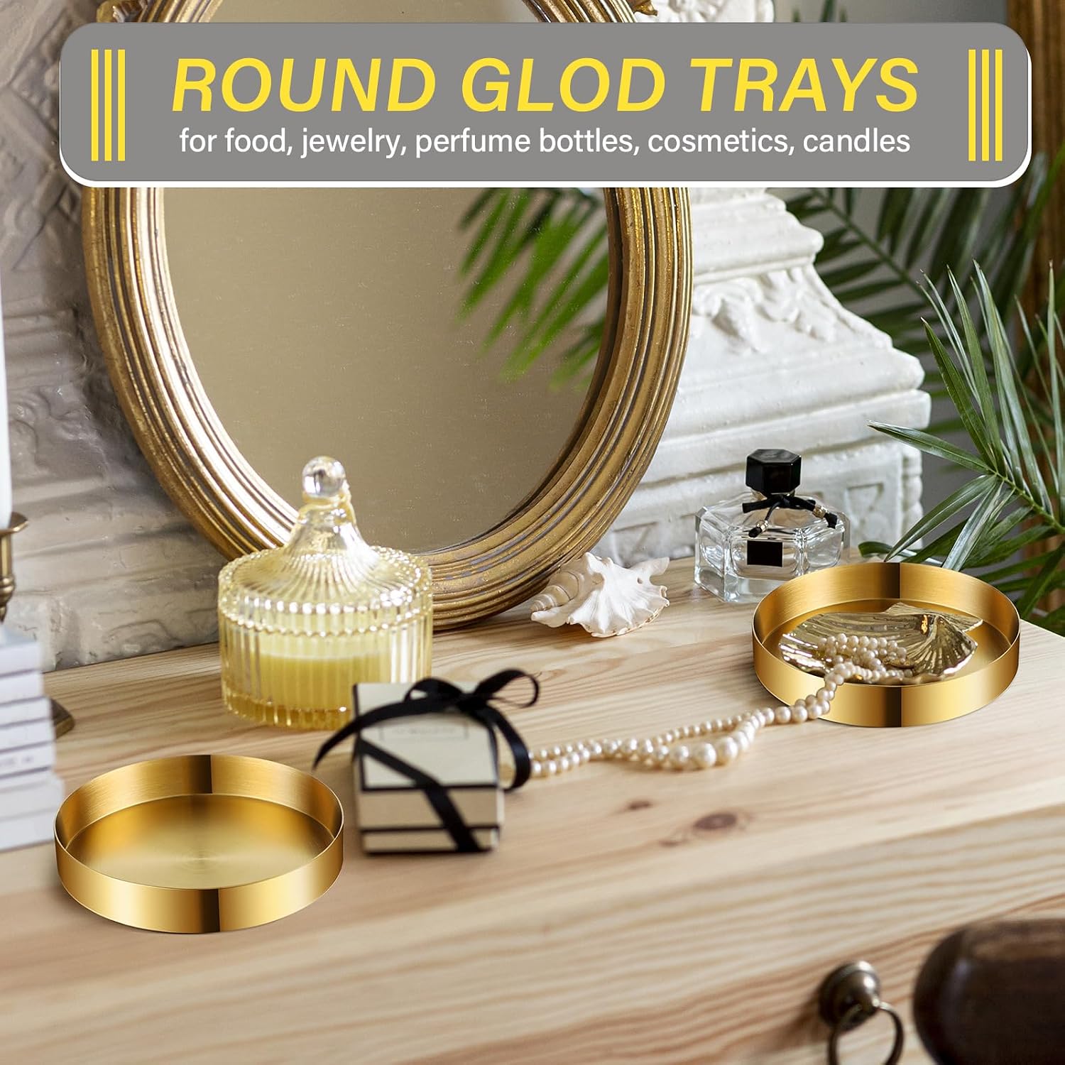 2 Pack Round Gold Trays Small Brass Tray Round Metal Candle Dish Stainless Steel Jewelry, Make Up, Candle Plate Decorative Tray for Bathroom Kitchen Dinning Coffee Table Decoration,4.9 Inch