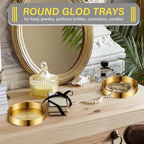 Miniatura 5 de Gandeer Paquete de 2 bandejas redondas doradas pequeñas de latón, plato redondo de metal para velas, joyería de acero inoxidable, maquillaje,