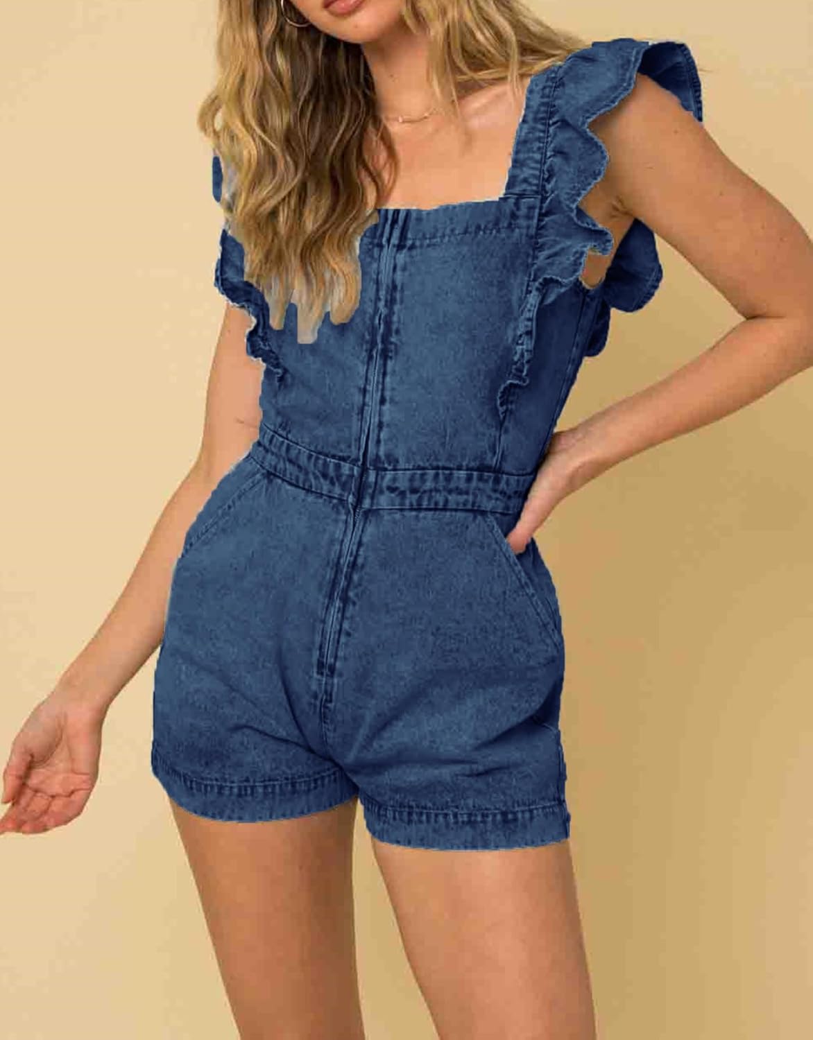Kedera Women Ruffle Sleeveless Denim Rompers Short Zip Up Denim One Piece Jumpsuit with Pocket - Image 2