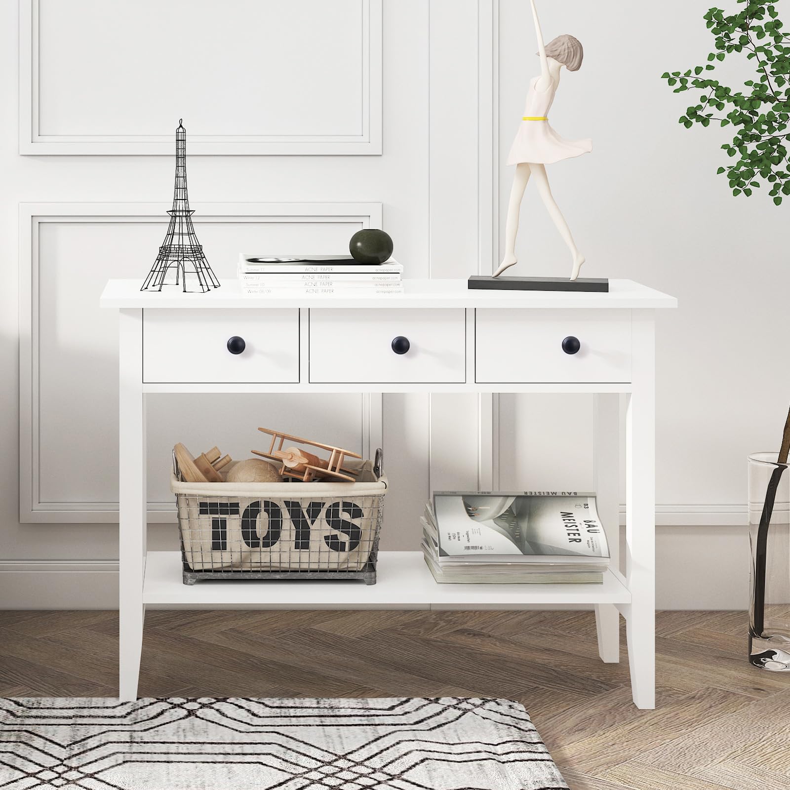 SogesHome Tavolino consolle Kosole classico da corridoio bianco con cassetti e ripiano aperto per la conservazione (NT-W-3)