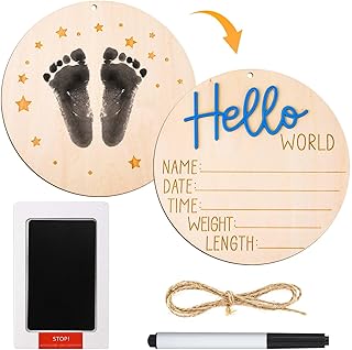 Baby Announcement Sign Plate, 5.9in Wooden Newborn Disc Board with Ink Pad for Hand & Footprints Hello Birth Plaque Gift for World New Parents Nursery Photo Prop Baby Disc Circle (Black)