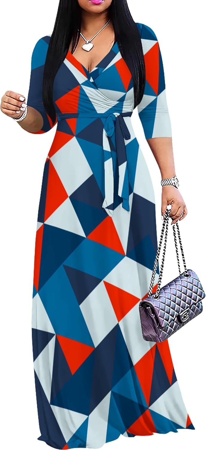 PinkPatty Women's Plus Size Maxi Dresses 3/4 Sleeves Bohemian Long Dress Printed Swing Dress with Belt