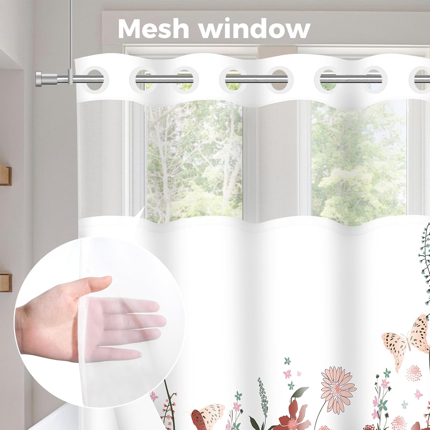 Shower Curtain No Hooks with Snap in Liner, Luxury Double Layers Floral Shower Curtain Set with See Through Mesh Top Window for Hotel Bathroom Decorative Waterproof Washable 71 x 74 Inch