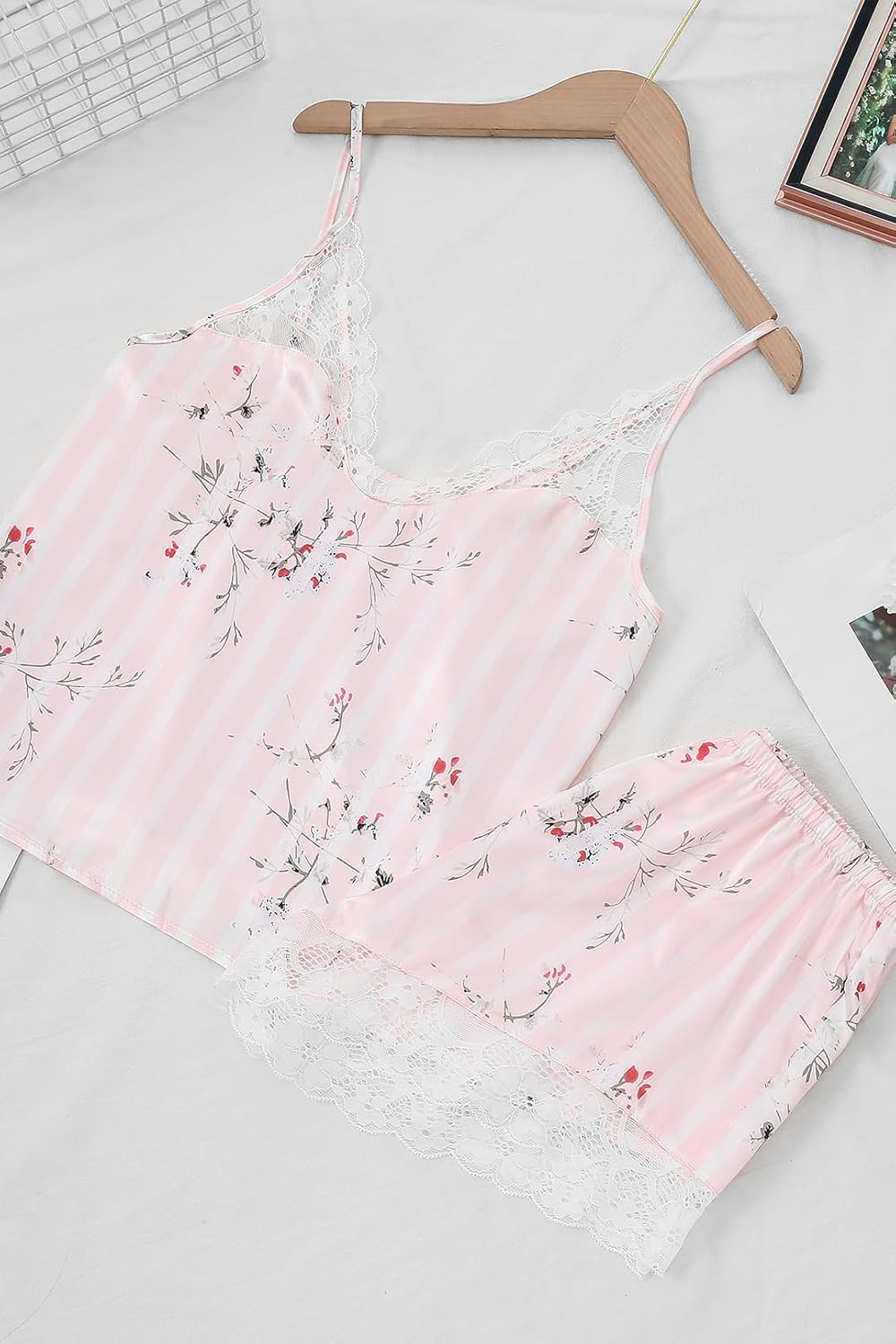 Womens Pajama Set Silk Satin PJ Set V Neck Pink Striped Cami Top Shorts Sleeveless Sleepwear Spaghetti Straps - Image 5