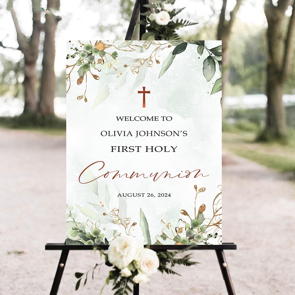 Personalized First Communion Photo Sign, Decoration, Custom Outdoor Plastic Sign Weatherproof, Printed Front & Back Options and Stand Option (Version 5)