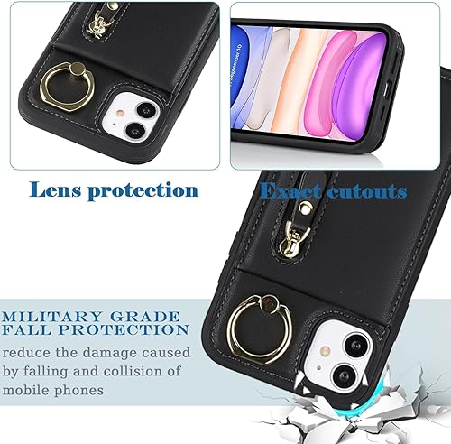 Miniatura 5 de Funda para iPhone 11 con tarjetero para mujer, iPhone 11 con tarjeta de crédito con anillo de soporte, cremallera, a prueba de golpes, delgada, para