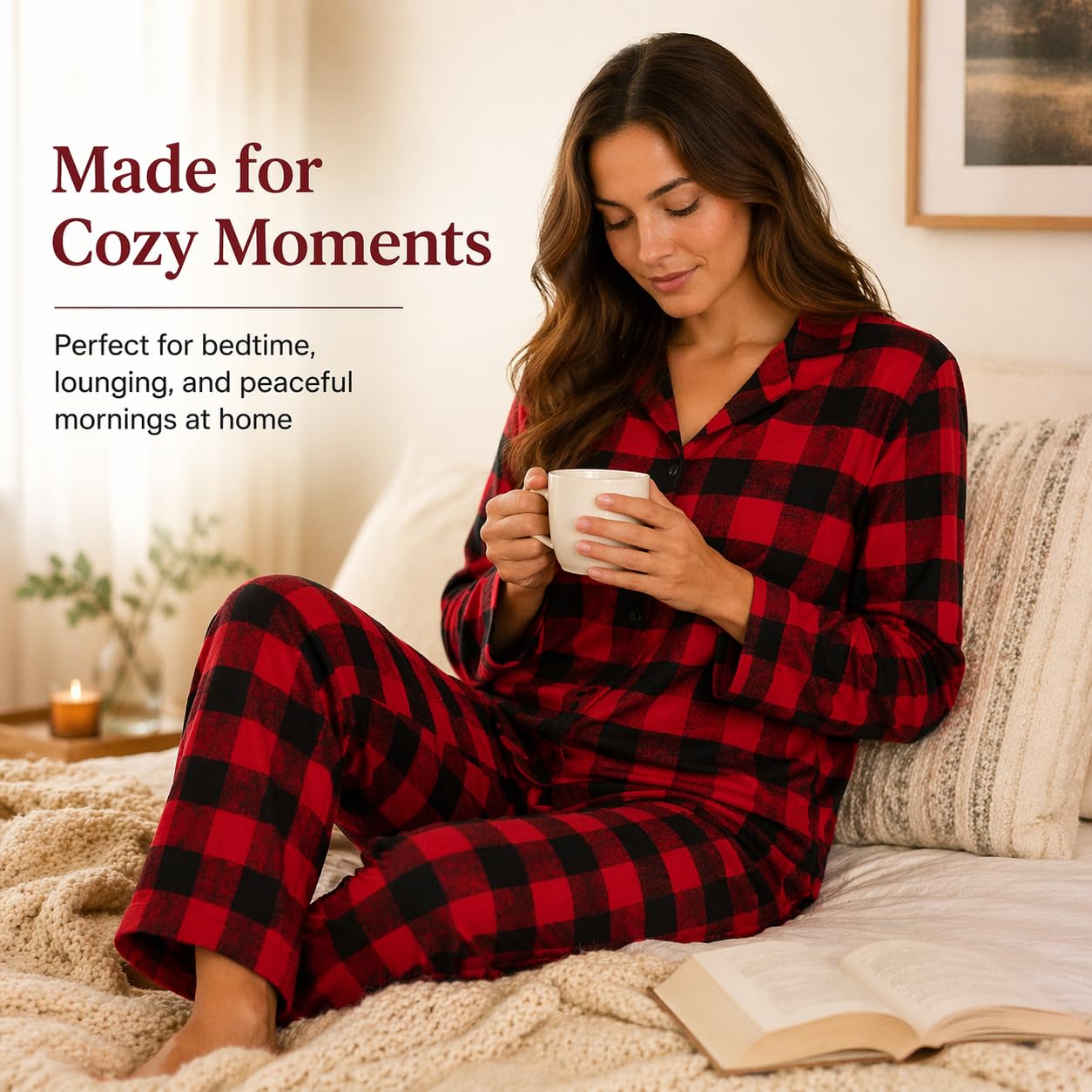 Conjunto de Pijama Tejido de Franela para Mujer 100% Algodón Juego de Ropa de Dormir a Cuadros Manga Larga con Bolsillos