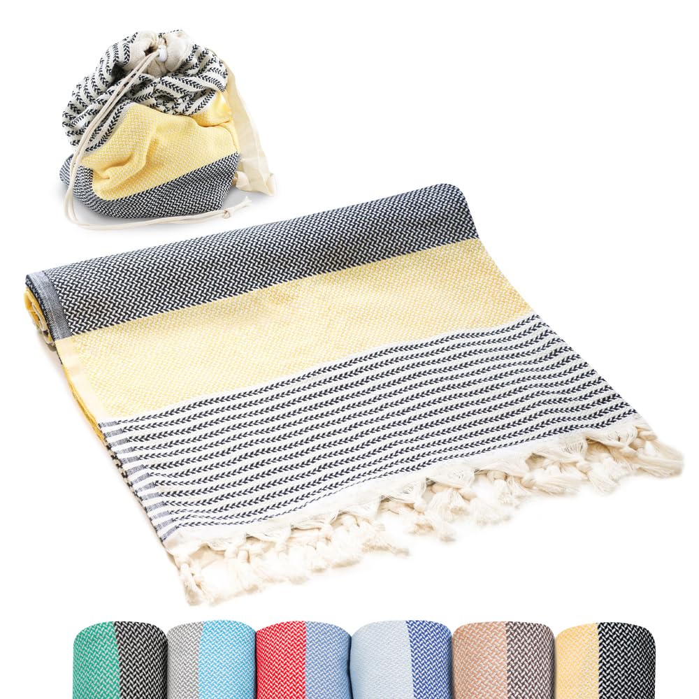 ATANI Turkish Beach Towel (71x39 Inches), Converts to a Bag, Oversized 100% Cotton Bath Towels Lightweight Quick-Dry Beach Blanket for Travel, Picnic,