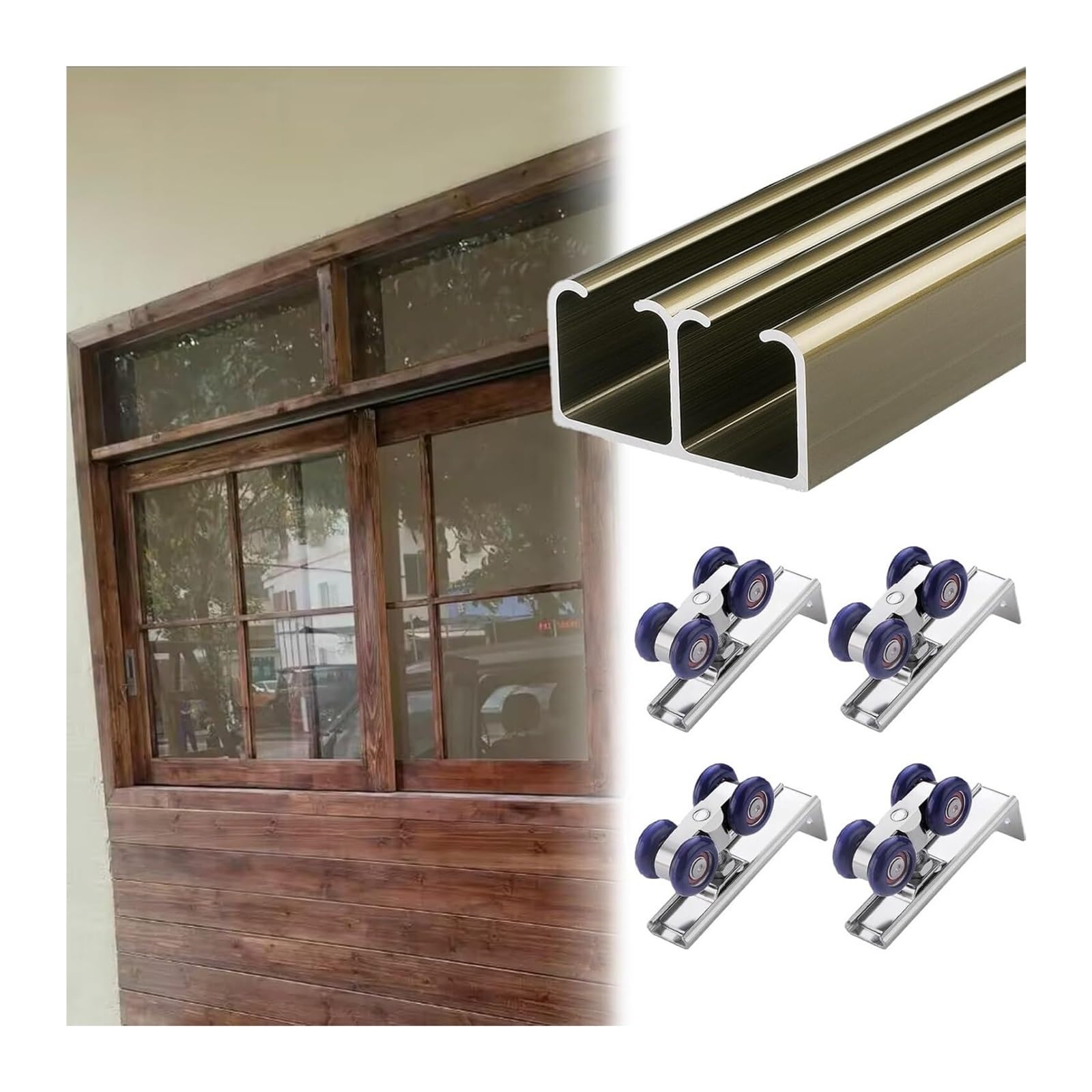 Sliding Door Track, Bypass Double Sliding Pocket Door Hardware Kit Aluminum Champagne Silver(Champagne,25ft/7.6m)