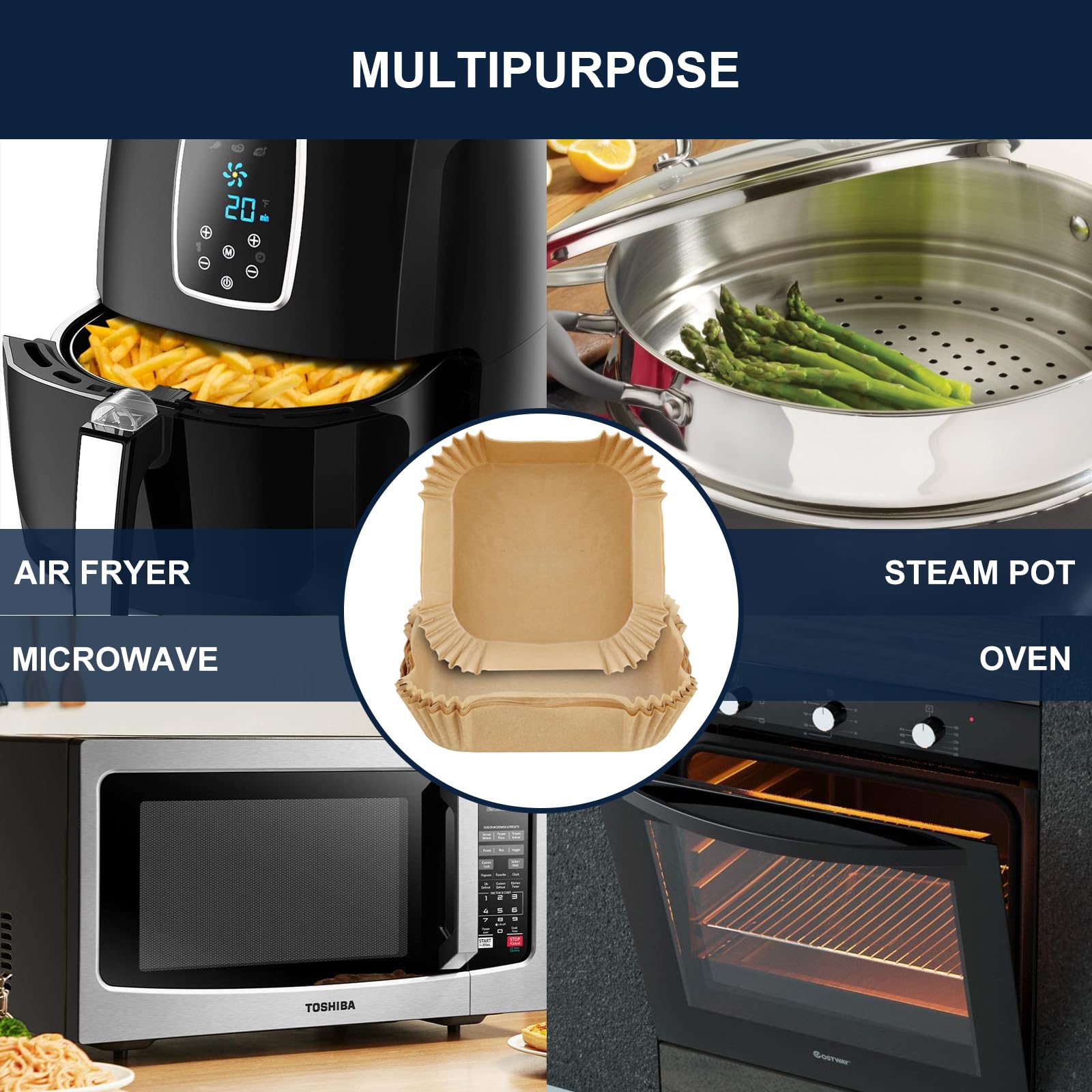 250 Stück 20 cm quadratische Luftfritteusen-Backpapier-Einlagen, antihaftbeschichtete Pergamentpapier-Einlagen für 5–8 QT Airfryer Mikrowelle Bratpfanne
