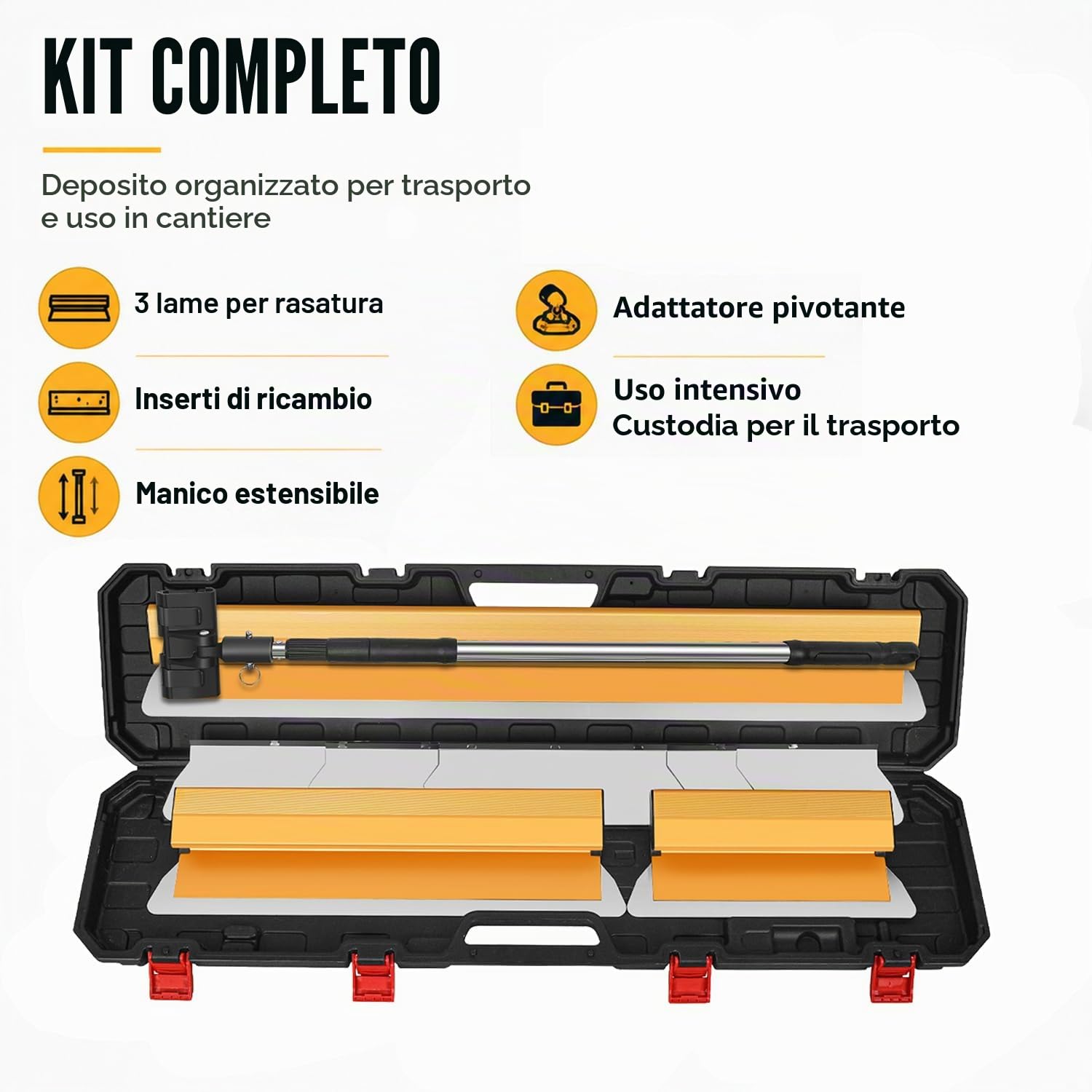 Set Lame per Rasatura 30/50/80 cm | Tre Lame in Acciaio Inox con Ricambi, Manico Telescopico e Valigetta per Pareti, Soffitti, Stucco e Cartongesso