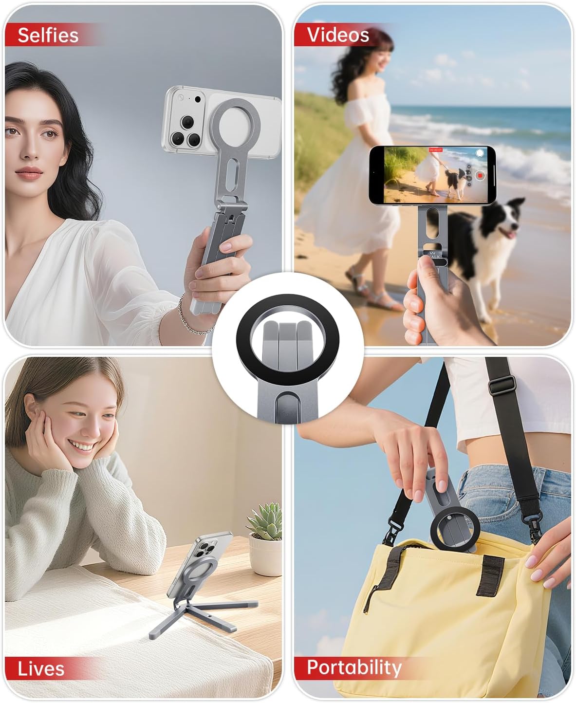 iWALK Magnetic Foldable Metal Phone Stand for iPhone, Strong Magnet Mini Cell Phone Tripod Stand for Vlog, Gym, Travel Essentials Compatible with iPhone 17, 16, 15, 14, 13, 12 Series, Silver
