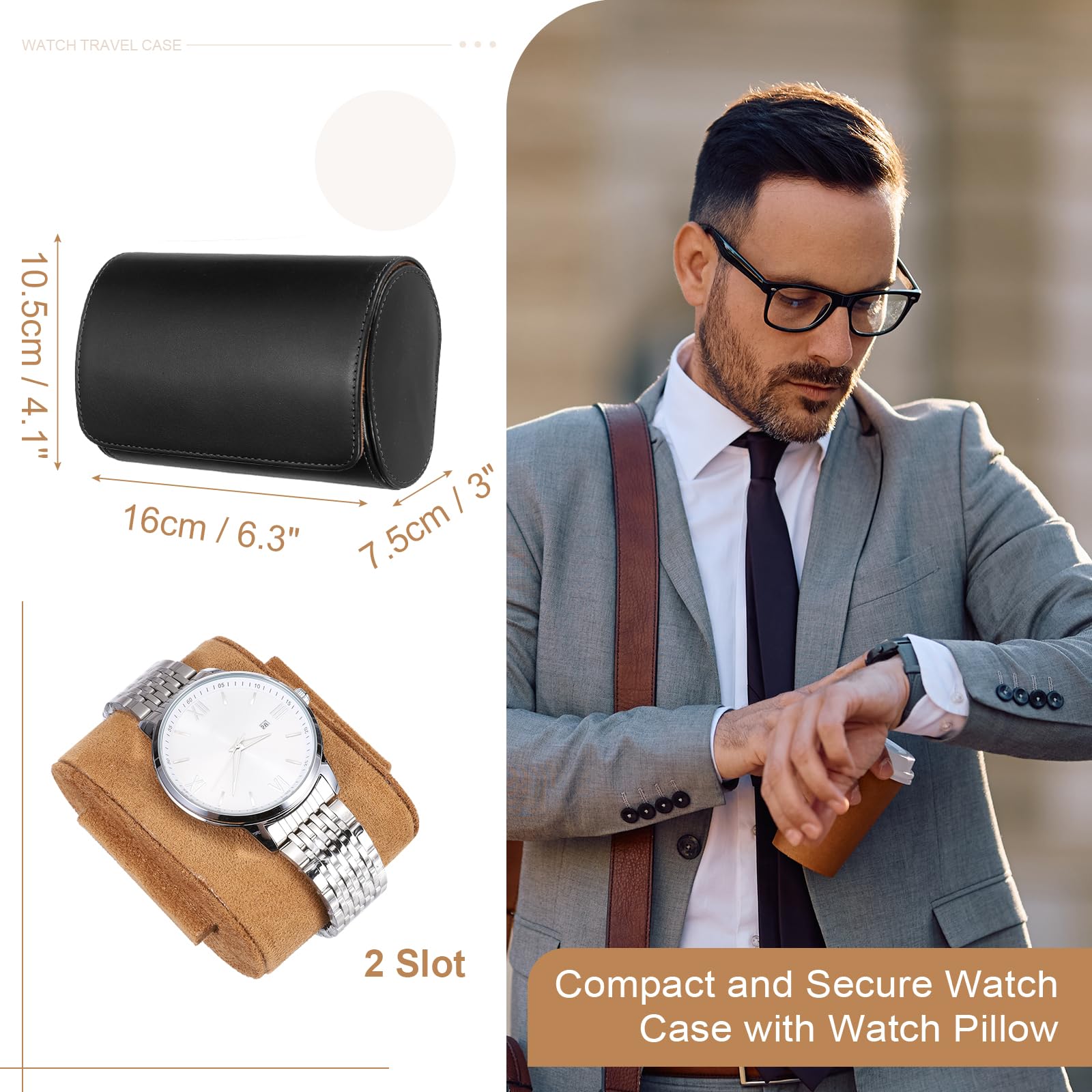 Custodia da viaggio per orologio da uomo in pelle, astuccio arrotolabile per orologio, scatola portaoggetti portatile per orologio, ideale per Natale, compleanno e anniversario, con 2 scomparti (ner
