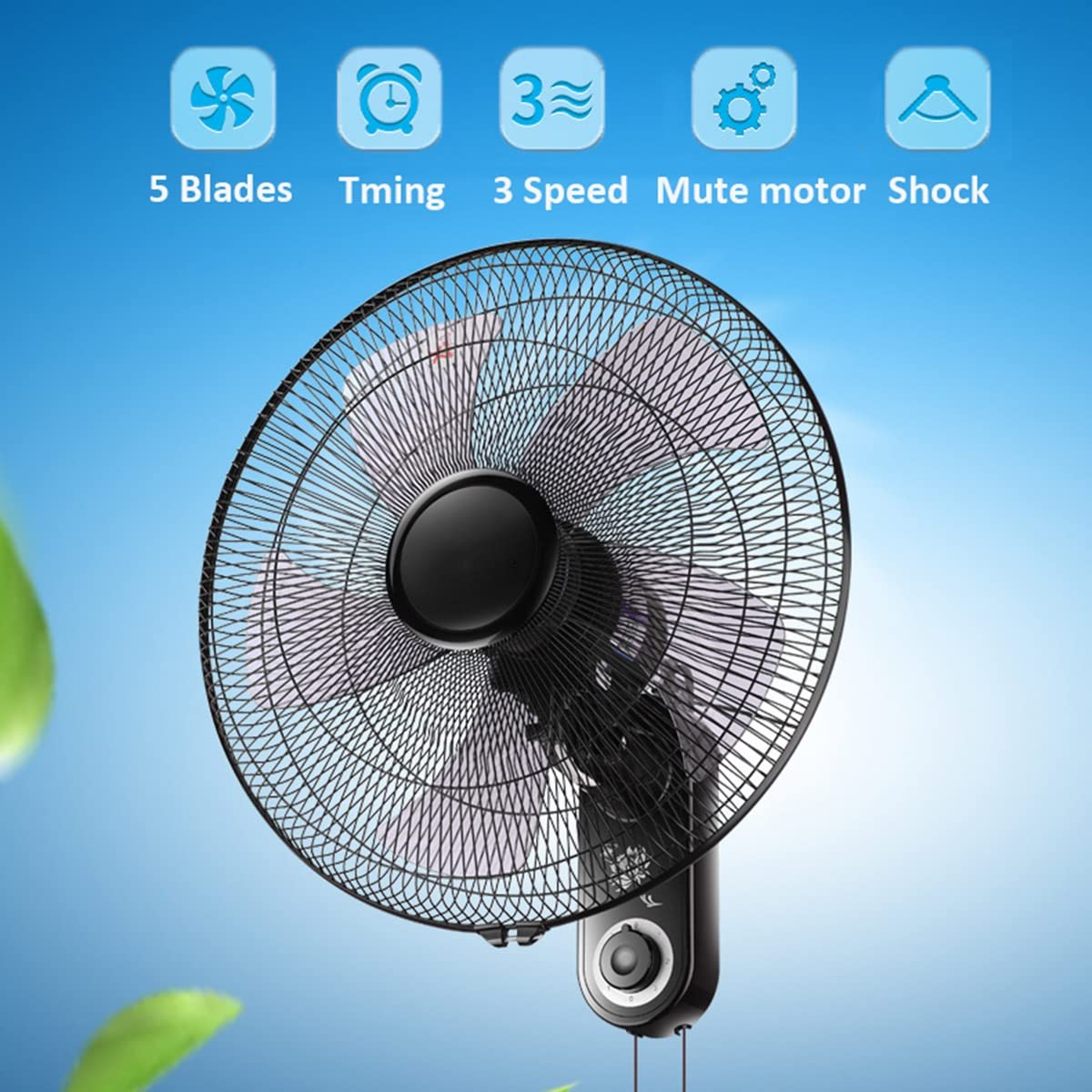 Ventilatore da parete 52 cm / 3 impostazioni di velocità/oscillazione di 120 gradi/griglia di sicurezza/funzionamento con cavo di trazione/motore silenzioso/facile installazione