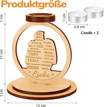 Golden Wedding Gifts, 50th Wedding Anniversary Gifts - Wooden Candle Holder Gifts, Golden Wedding Decoration, Happy 50th Anniversary Gift for Wife Man Couples,  with Two 2 Candles