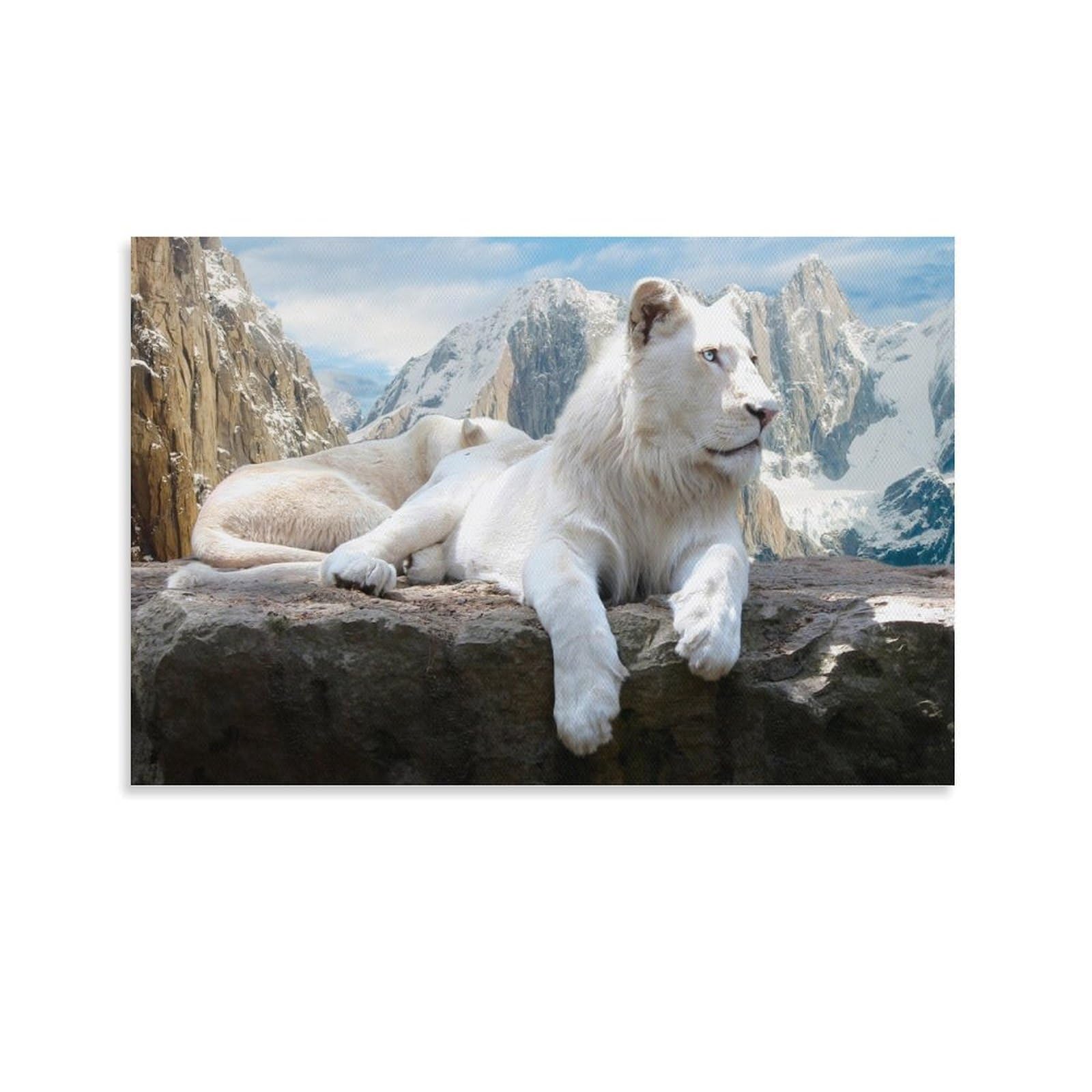 YYVKPMLXC Wall Art White Lion Painting Canvas Prints Pictures Giclee Artwork Snow Mountain Pictures Decor by Paintings Ready To Hang for Living Room Decor 12x18inch(30x45cm)
