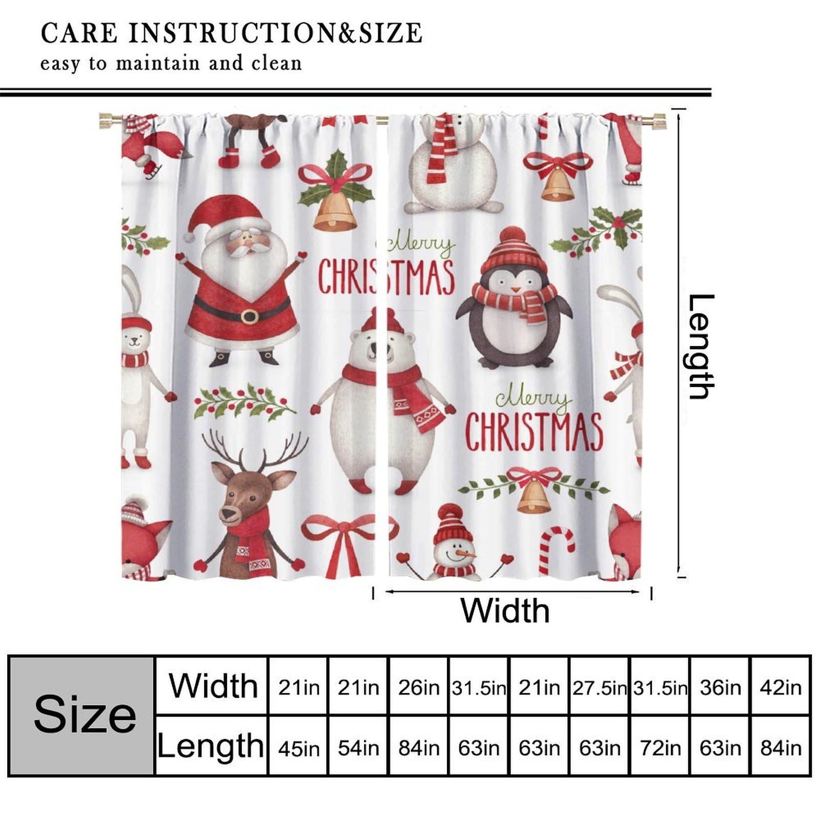 Nanacur Christmas Santa Claus Curtains for Kids, Merry Christmas Cartoon Bear Deer Rabbit Snowman Print Window Drapes for Boys Girls Bedroom Living Room Holiday Decor, 42