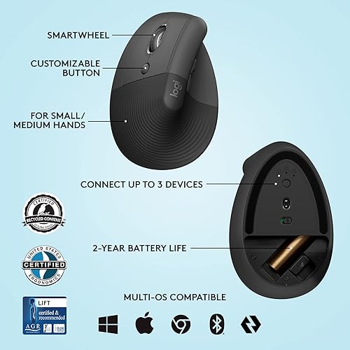 Miniatura 6 de Logitech Ratón ergonómico vertical vertical para zurdos, inalámbrico, Bluetooth o Logi Bolt USB, clics silenciosos, 4 botones, compatible con