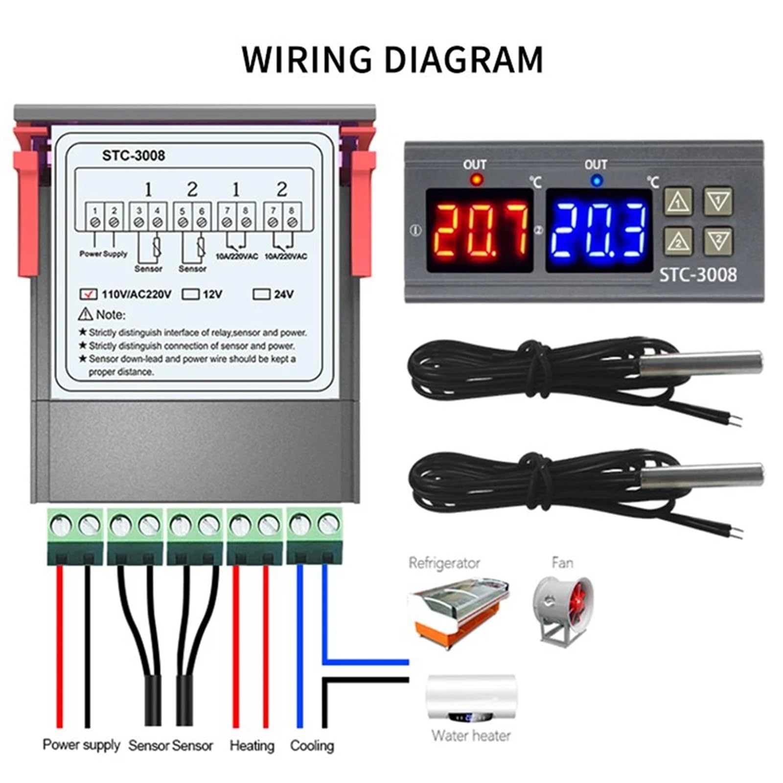 Doppio regolatore di Temperatura Digitale STC-3008 Riscaldatore termostato con Uscita a Due relè con sonda 12V 24V 220V Frigo Domestico Calore Freddo (Color : DC 24V)