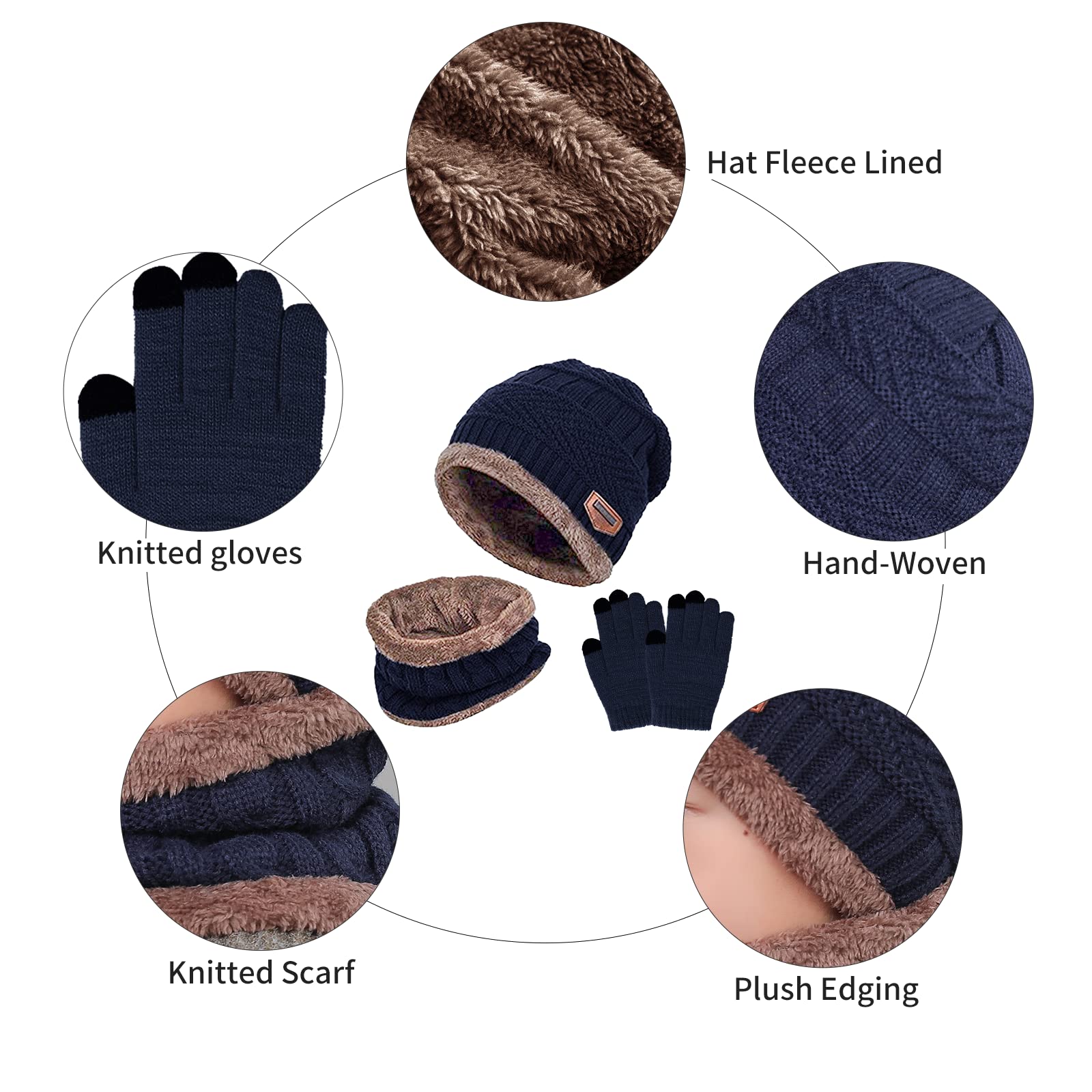 Conjunto de Gorro, Bufanda y Guantes para Niños de 3PCs, Gorro de Punto con Forro Polar Cálido Calentador de Cuello Térmico con Guantes de Pantalla Táctil Esenciales de Invierno Para Niños