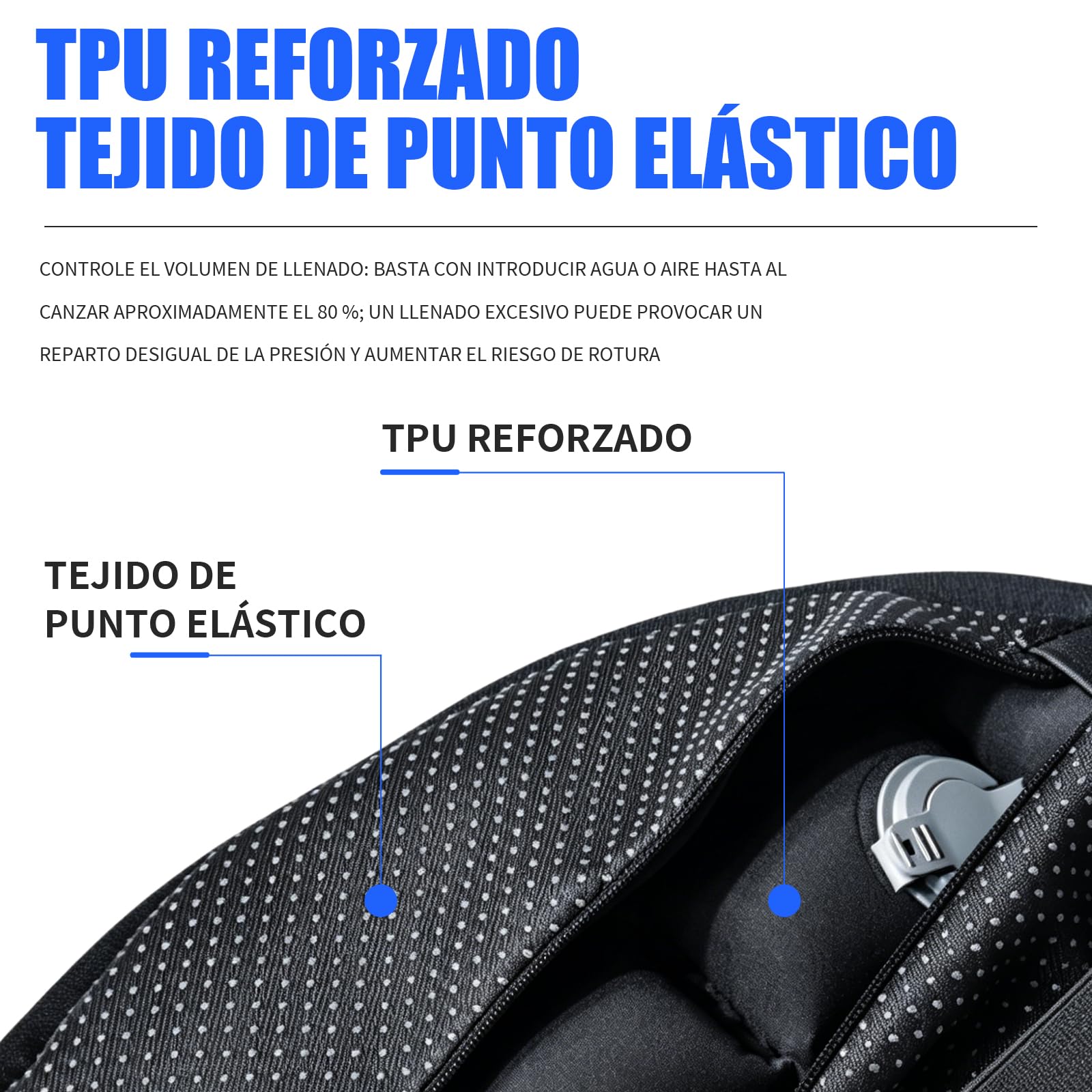 Cojín para Asiento de Moto – Inflable y Rellenable con Agua 2 en 1, Amortiguación Universal, Diseño Ergonómico, Base Antideslizante y Correas, Ideal para Viajes Largos (Negro)