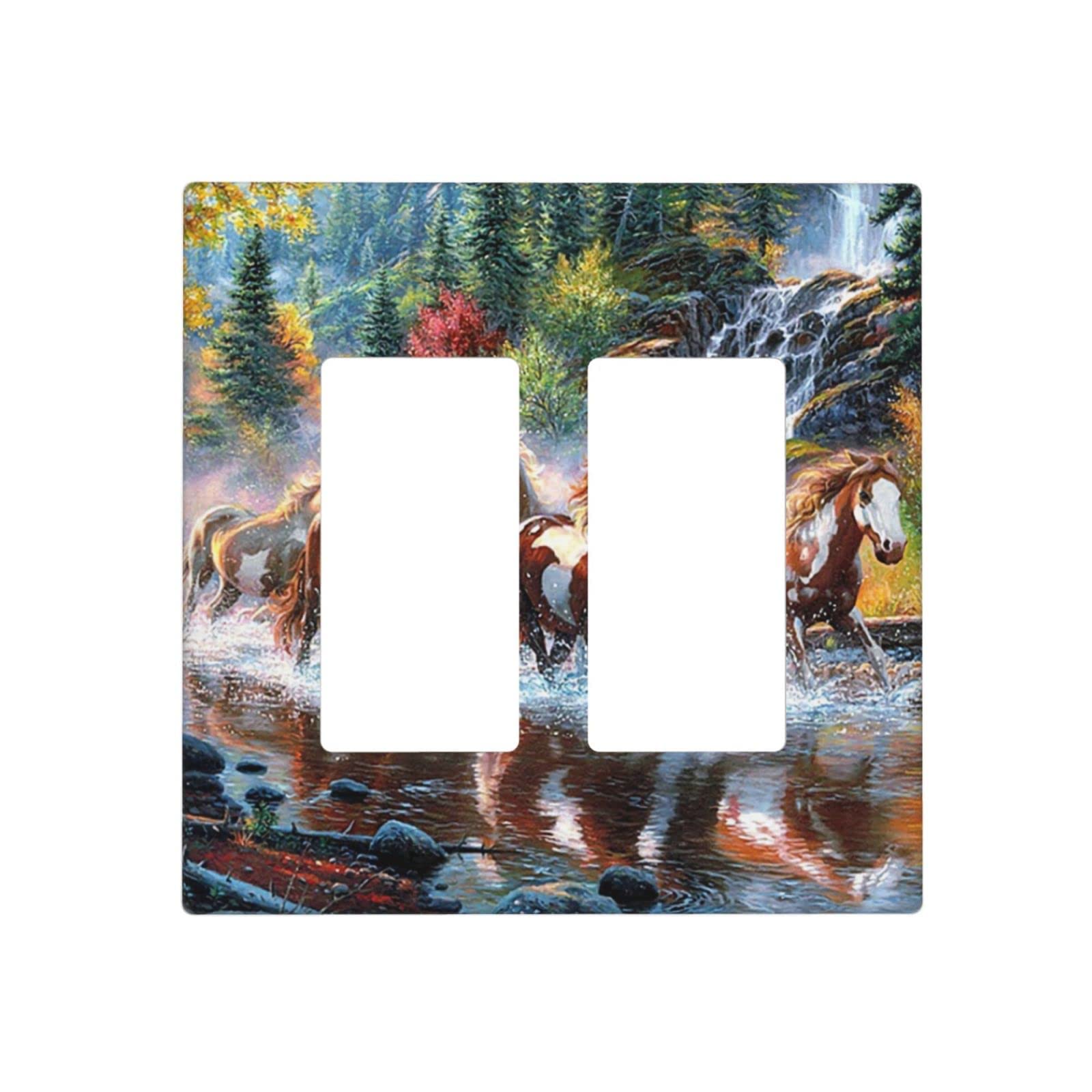 Running Horse Wild Animal Double Rocker Wall Plate Decorative Light Switch Cover 2 Gang Toggle Switch Plates Electrical Outlet Covers for Home Decor Kitchen Bedroom Bathroom