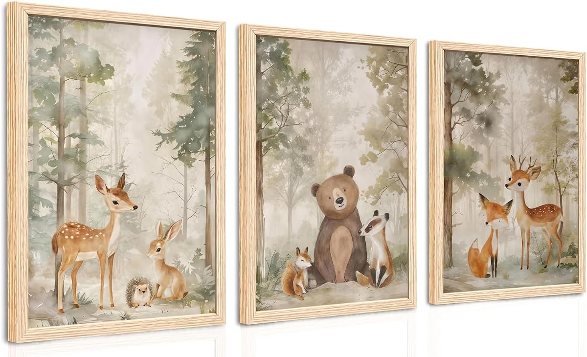 ICHZUMW Woodland Animal Nursery Wall Decor, Forest Nursery Wall Art, 12x16 | Cute Bear Fox Deer Canvas, Wood Framed, Set of 3, Hanging Kit Included, Ready to Hang, Baby Boy Girl Toddler Kids Room