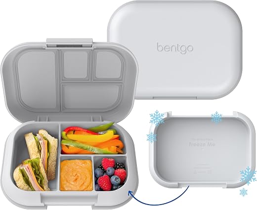 Bentgo Chill Kids Leak-Proof Lunch Box - 4-Compartment Bento Box with Built-In Ice Pack, 3.3 Cup Capacity, PFAS & BPA-Free, Microwave & Dishwasher Safe, Ideal Size for Ages 3 to 7 (Gray)