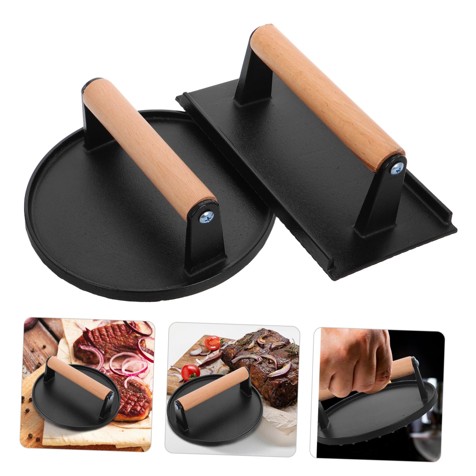 MAGICLULU de Prensa de Hamburguesas de Hierro Fundido 2 Piezas con Mango de Madera, Diseño sin Recubrimiento Prensa Rectangular y Redonda para Cocina y Multitarea