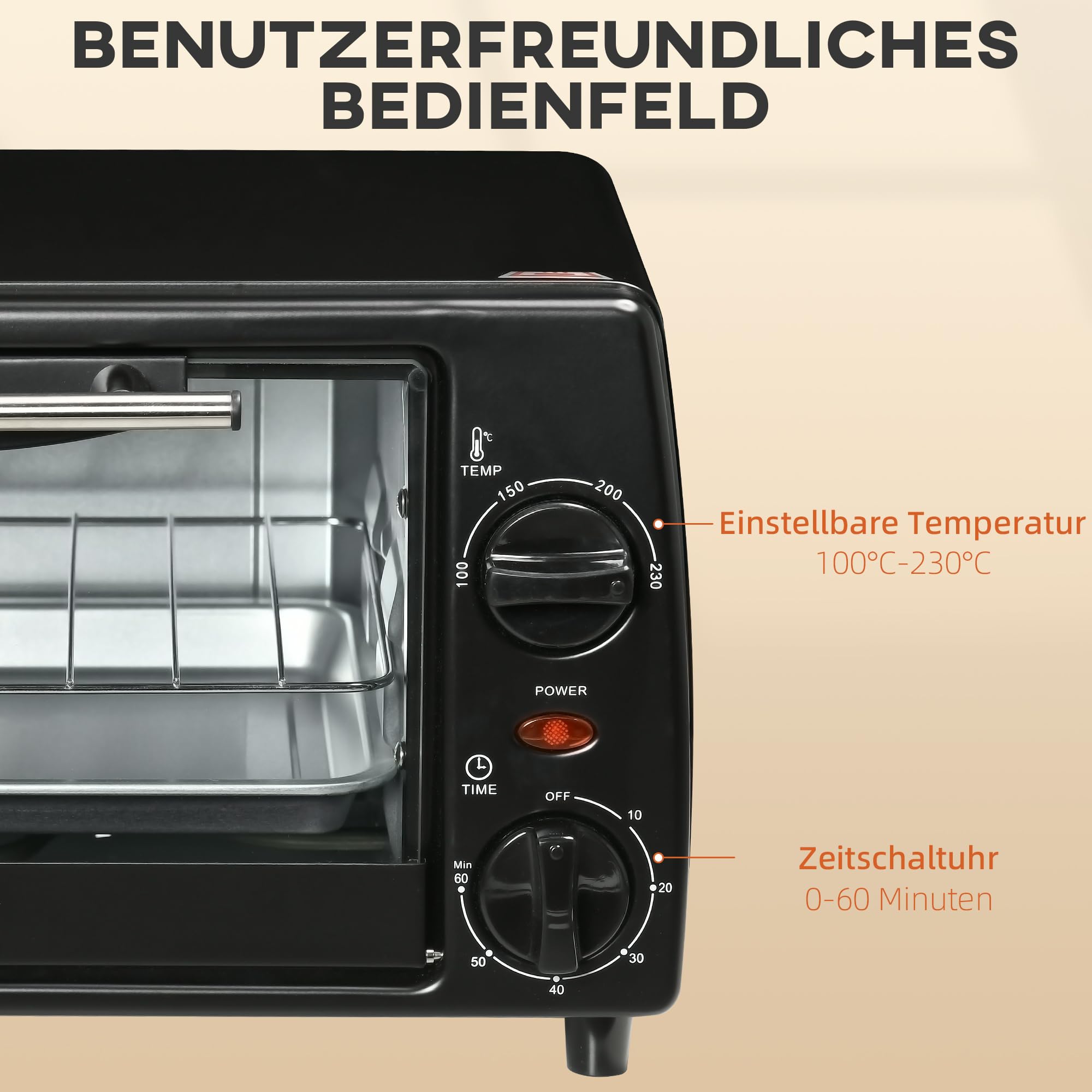 HOMCOM Mini Backofen 10 L 750W 100-230℃ 60 Min. Timer mit Backblech, Grillrost und Herausnehmbarer Bodenschale, Pizza-Ofen, Schwarz