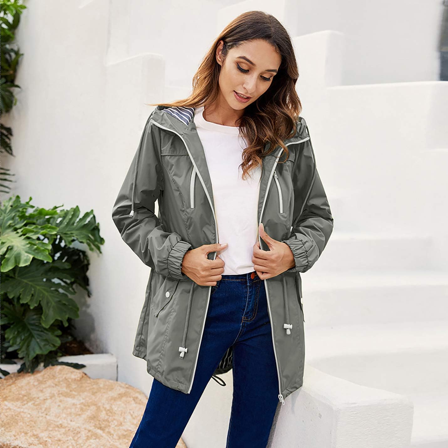 Flygo Women's Waterproof Lightweight Rain Jackets Zipper Hoodie Raincoat with Pockets