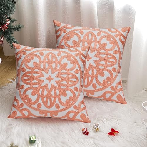 Miniatura 9 de Juego de 2 fundas de almohada decorativas bordadas, estilo bohemio, lona de algodón, para patio, sofá, sala de estar, 18 x 18 pulgadas (18 x 18