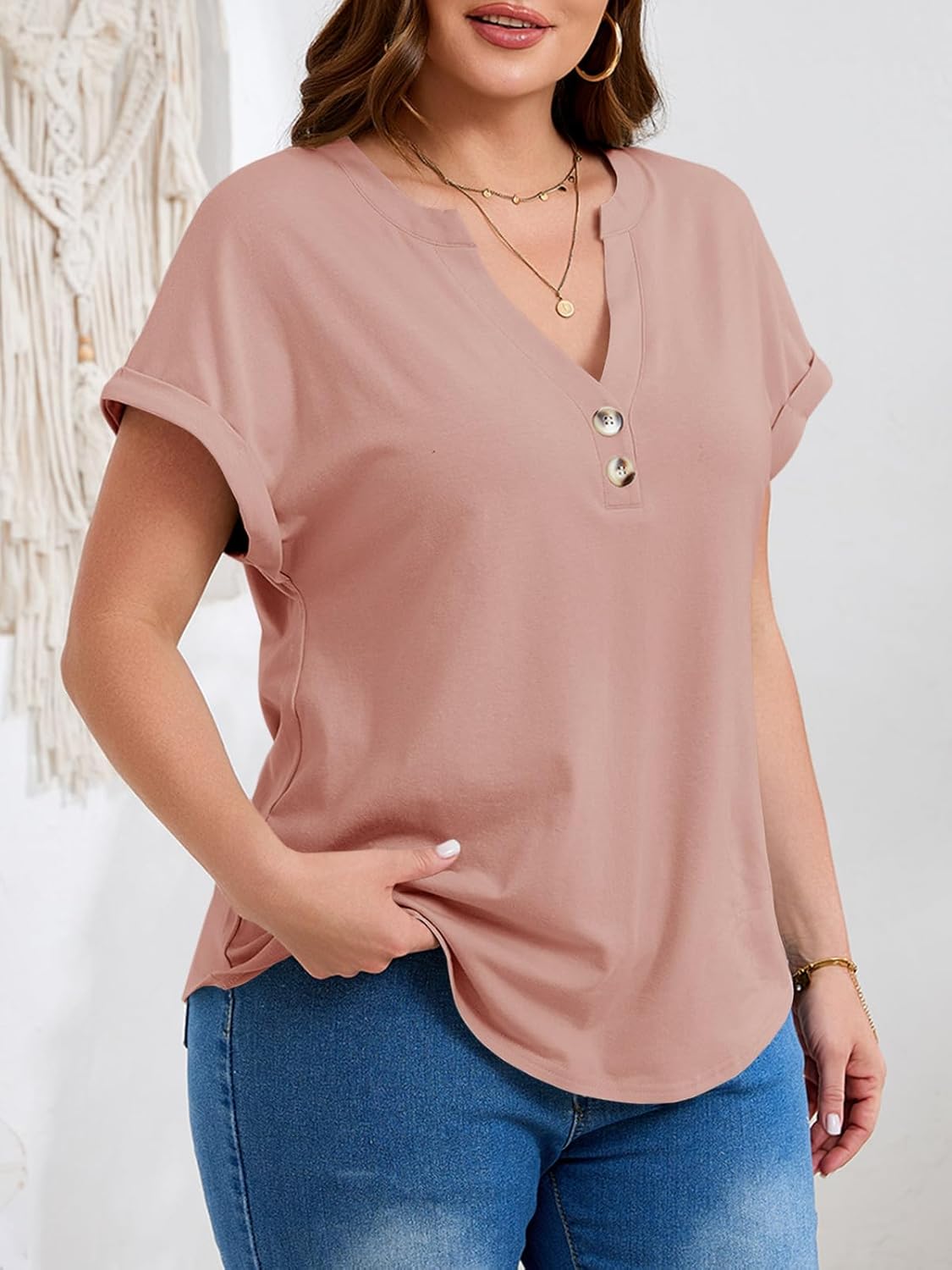 Beautife Womens Plus Size Short Sleeve Henley Tops Summer Button V Neck Blouses 2026 Dressy Casual Loose T Shirts - Image 5