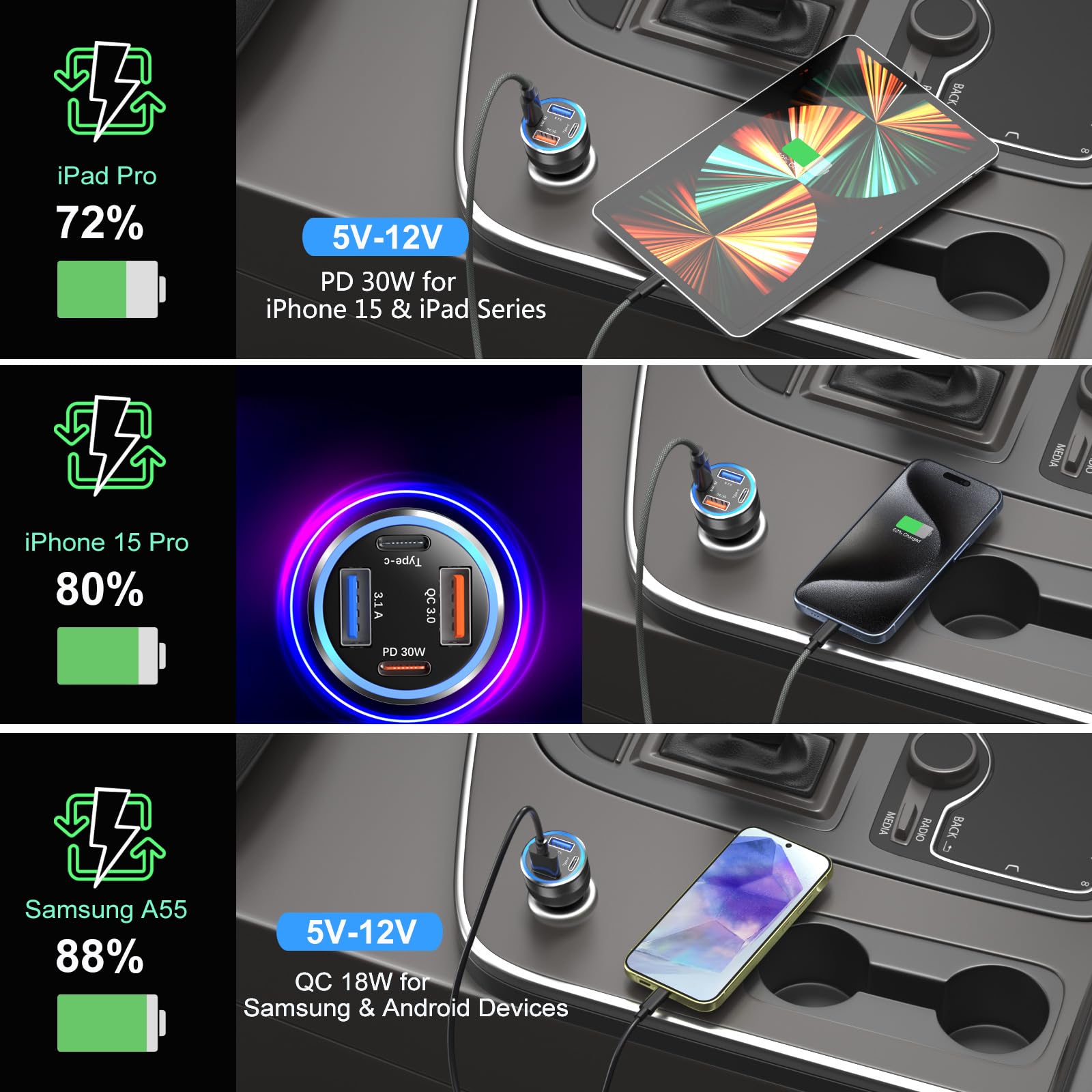 Adaptador de cargador de coche (5 unidades, 65 W, multipuerto, 12 V, USB C y USB A, cargador de coche PD+QC 3.0, carga rápida, encendedor de cigarrillos, enchufe USB para iPhone 16, 15, 14,