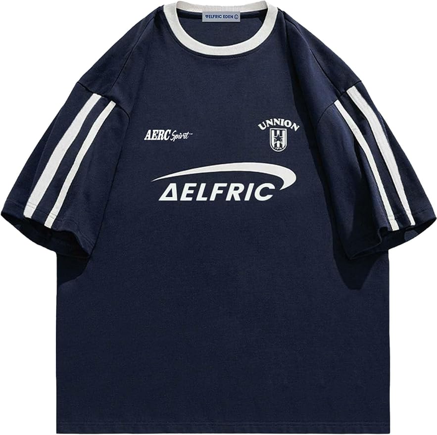 Aelfric Eden Graphic Tees Y2k Women Oversized T Shirts Striped Patchwork Crewneck Unisex Streetwear Tops