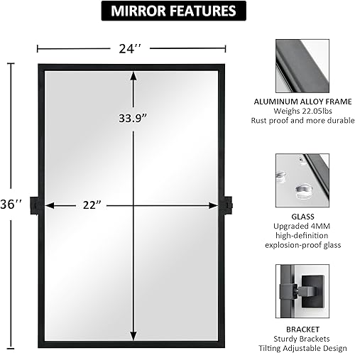 Miniatura 5 de Espejo giratorio de 24 x 36 pulgadas, marco de metal negro, espejos inclinables de baño para sobre el fregadero, espejos rectangulares ajustables,