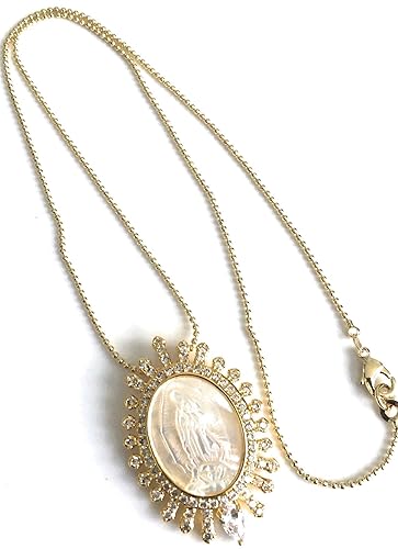 Mother of Pearl Virgen de Guadalupe Oval Pendant Necklace Gold Plated 18k Chain 17.5 Inches