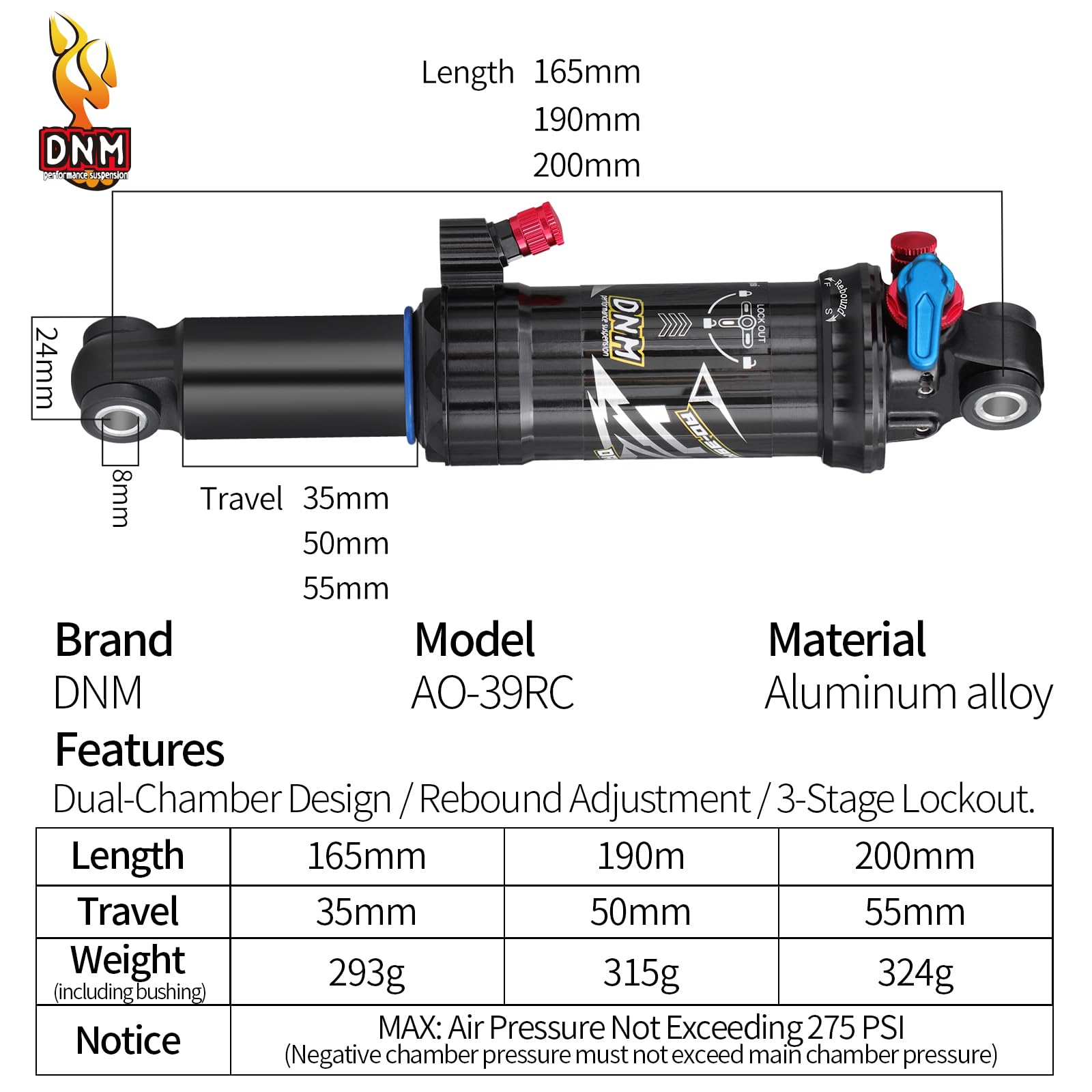 DNM AO-39RC MTB-Hinterrad-Stoßdämpfer Fahrrad Luft-Hinterrad-Stoßdämpfer Rückstoß/Lock Out - Einstellbarer Luftdruck 165/190/200mm Fahrrad-Hinterrad-Stoßdämpfer (165mm)