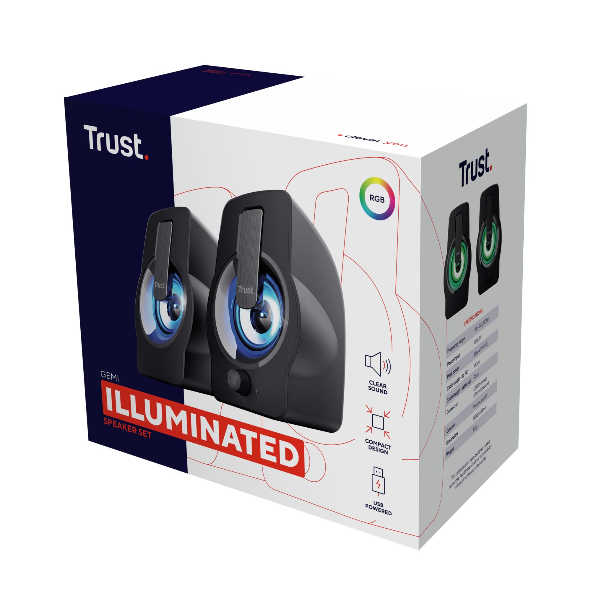 Trust Gemi Casse PC Mini LED RGB 12W (6W RMS), Altoparlanti PC Piccoli con Illuminazione LED, Alimentazione USB, Casse Audio Jack Aux 3.5mm, Compatto Set Altoparlante per Computer Laptop - Nero
