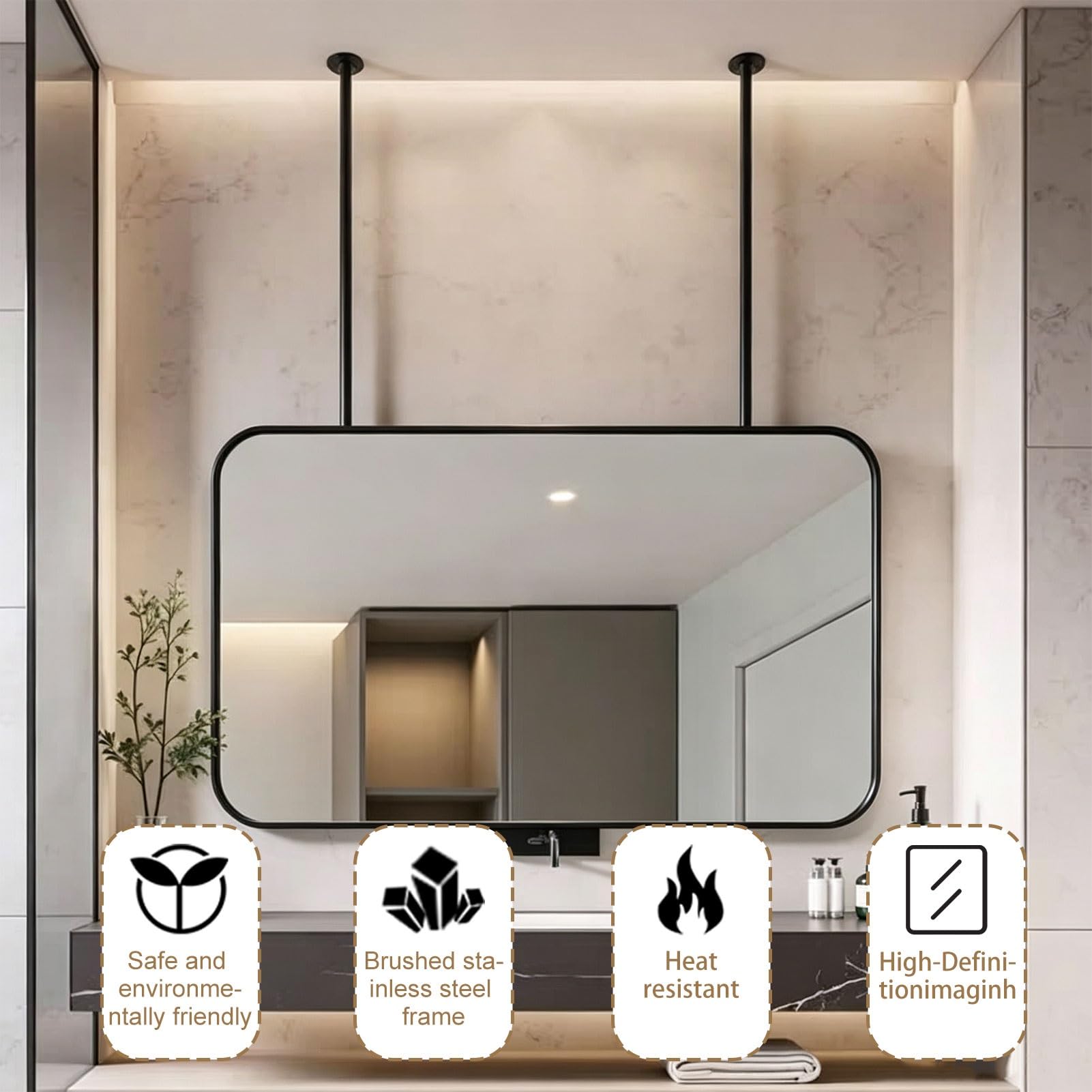 Luyckfrazy Specchio con asta sospesa rettangolare arrotondata montato a soffitto, specchi sospesi decorativi per il piano del tavolo dell'ingresso del soggiorno(40cmx70cm)