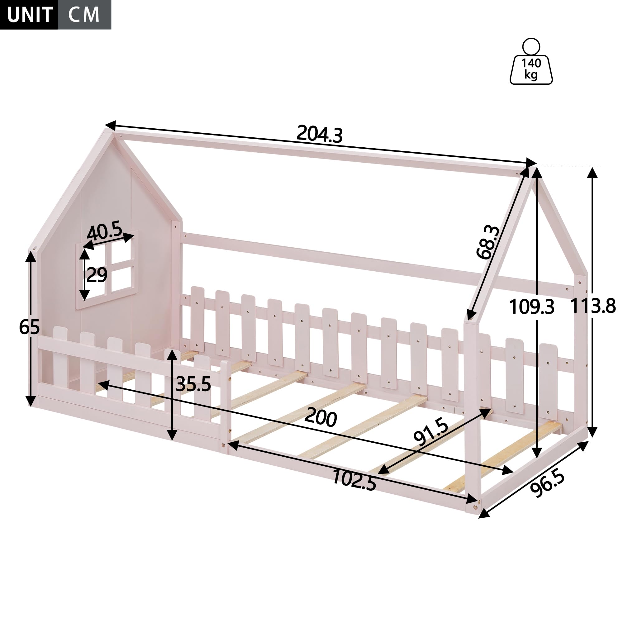 Kinderbett Hausbett 90x200cm, Montessori Bodenbett mit Rausfallschutz und Lattenrost, Holzbett für Jungen und Mädchen, ohne Matratze (Rosa -90×200cm)