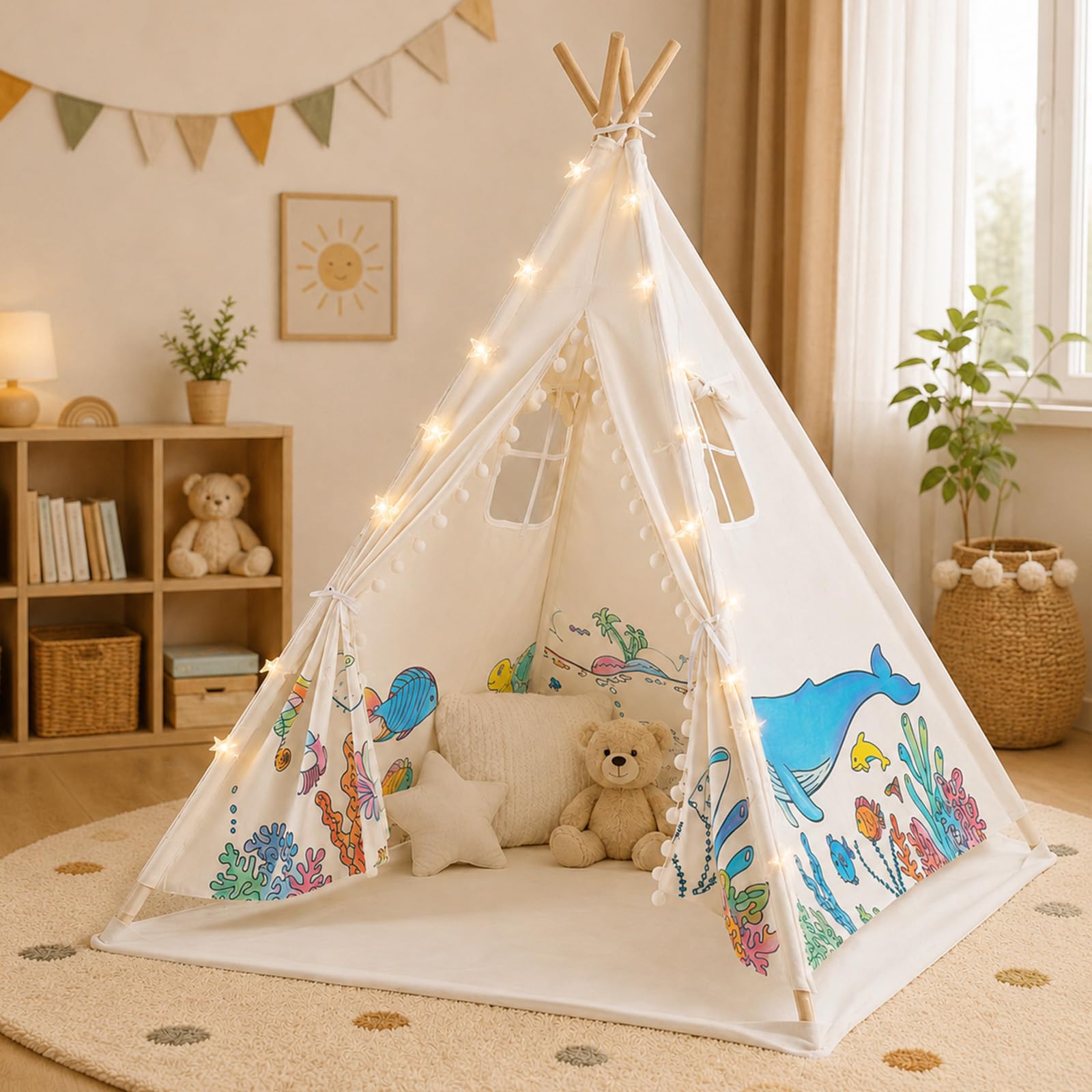 DIY Tipi Zelt für Kinder, Tippi Kinderzelt Indoor, 120x140cm Segeltuch Kinder Tipi Zelt, Spielhaus Wird mit Lichterketten, Bemalung und Aufbewahrungstasche geliefert für Drinnen Oder Draußen