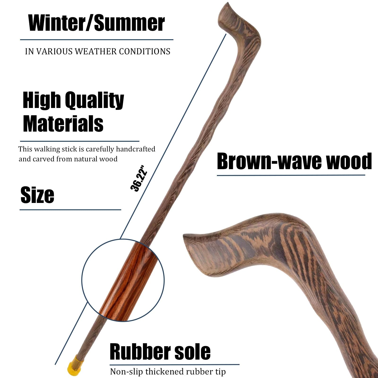 Bastones de Madera Brown Wave, con Mango Ergonómico y Punta de Goma Antideslizante Bastón Decorativo de Lujo para Hombre y Mujer de Cospaly 92 Cm