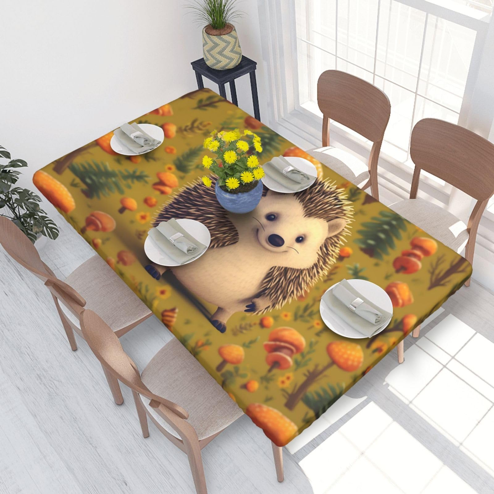 Hedgehog Waterproof Square Table Cover Elastic Fitted Tablecloth Oil Proof Table Protector For 4ft Table