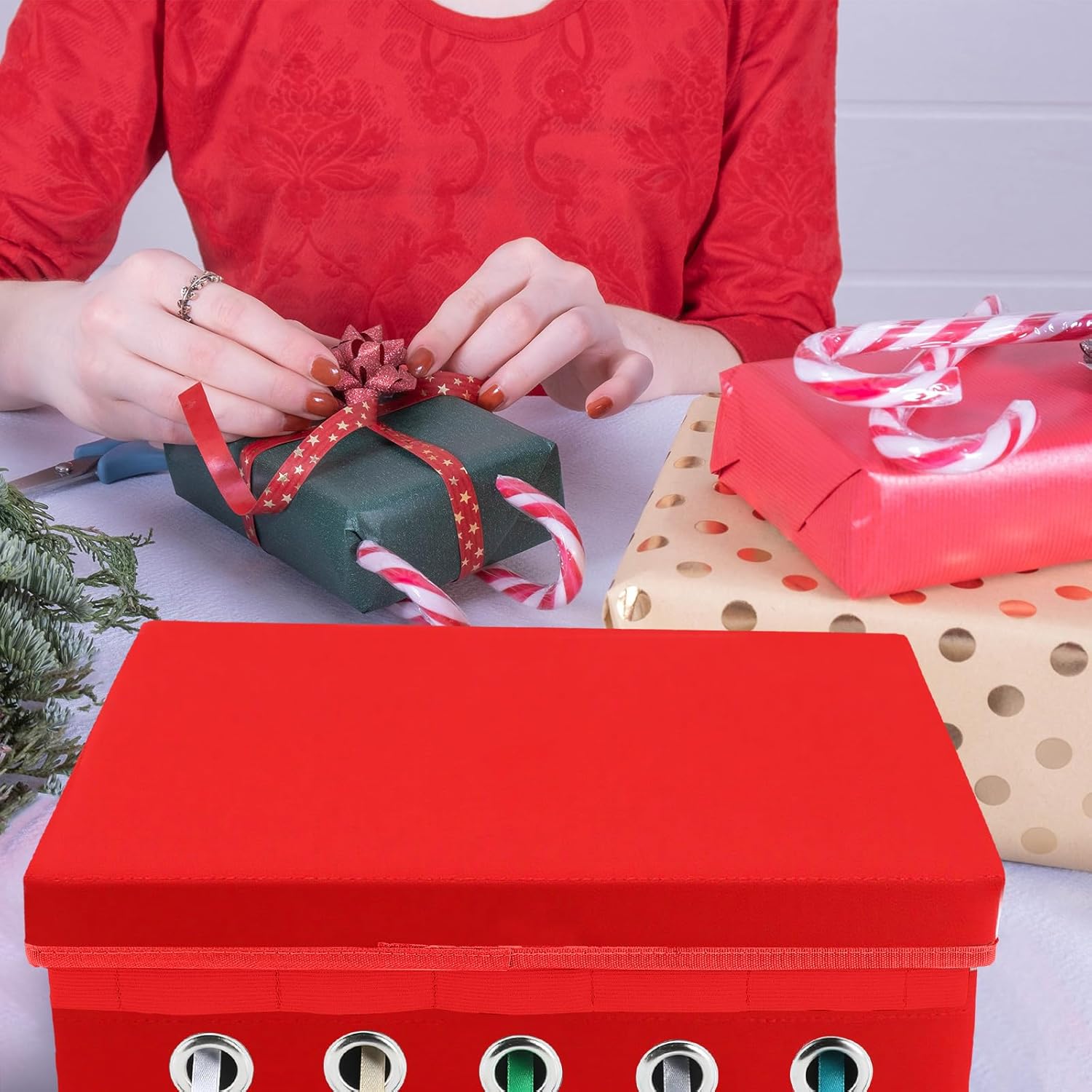 Cinnvoice 2 Pack Christmas Ribbon Organizer Container Box with Lid Gift Ribbon Organizer 11" x 14" x 5" for Craft Room (Red,B)