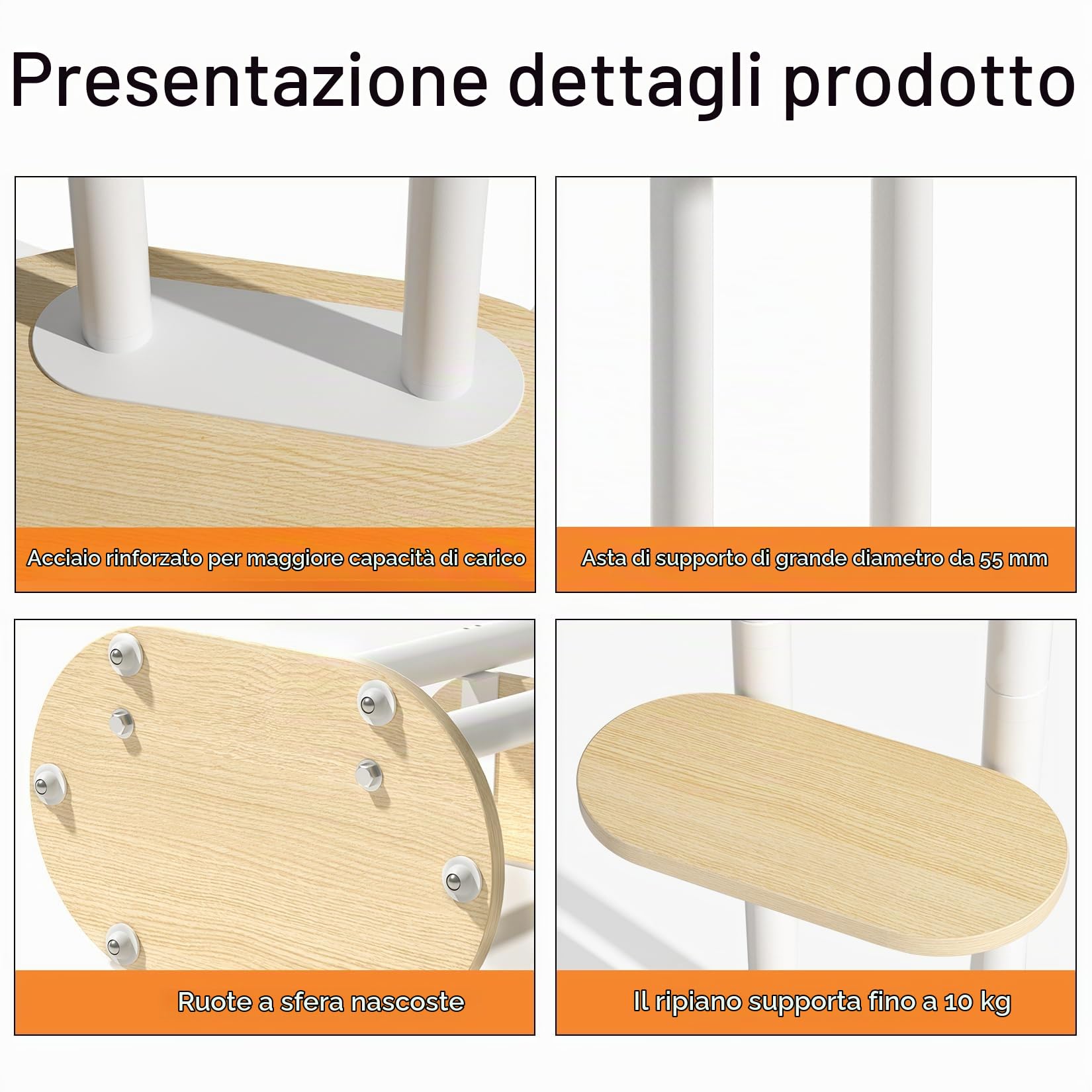 UNHO Supporto TV da Pavimento con Ruote Nascoste per 40-75 Pollici Bianco | Porta TV con Ruote, Peso Max 60kg, Max VESA 600x400mm, Legno Ripiano, Regolabile in Altezza, Doppia Colonna Stabile